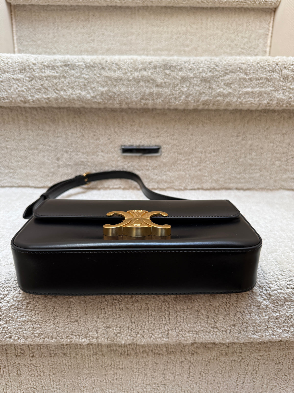 Celine Shiny Calfskin Triomphe Shoulder Bag Black