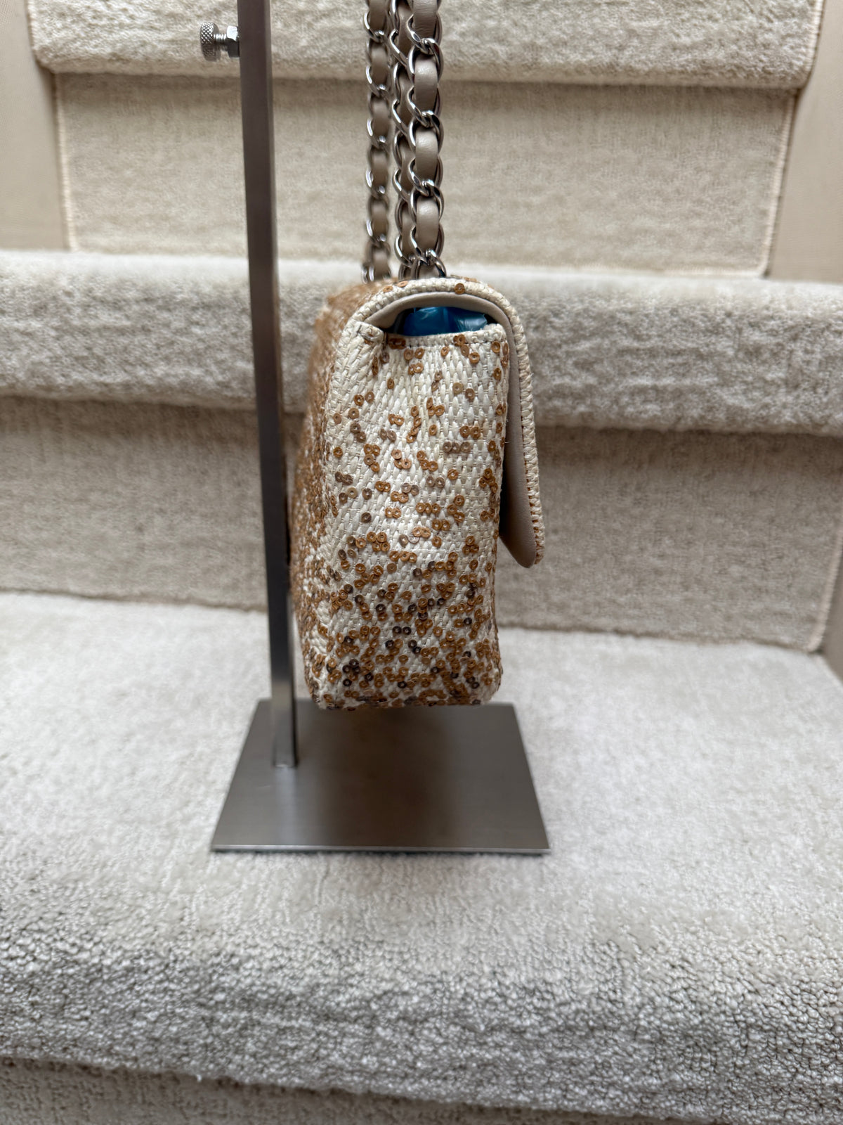 Chanel Small Single Flap Bag in Beige Raffia Sequins from Karl Lagerfeld
