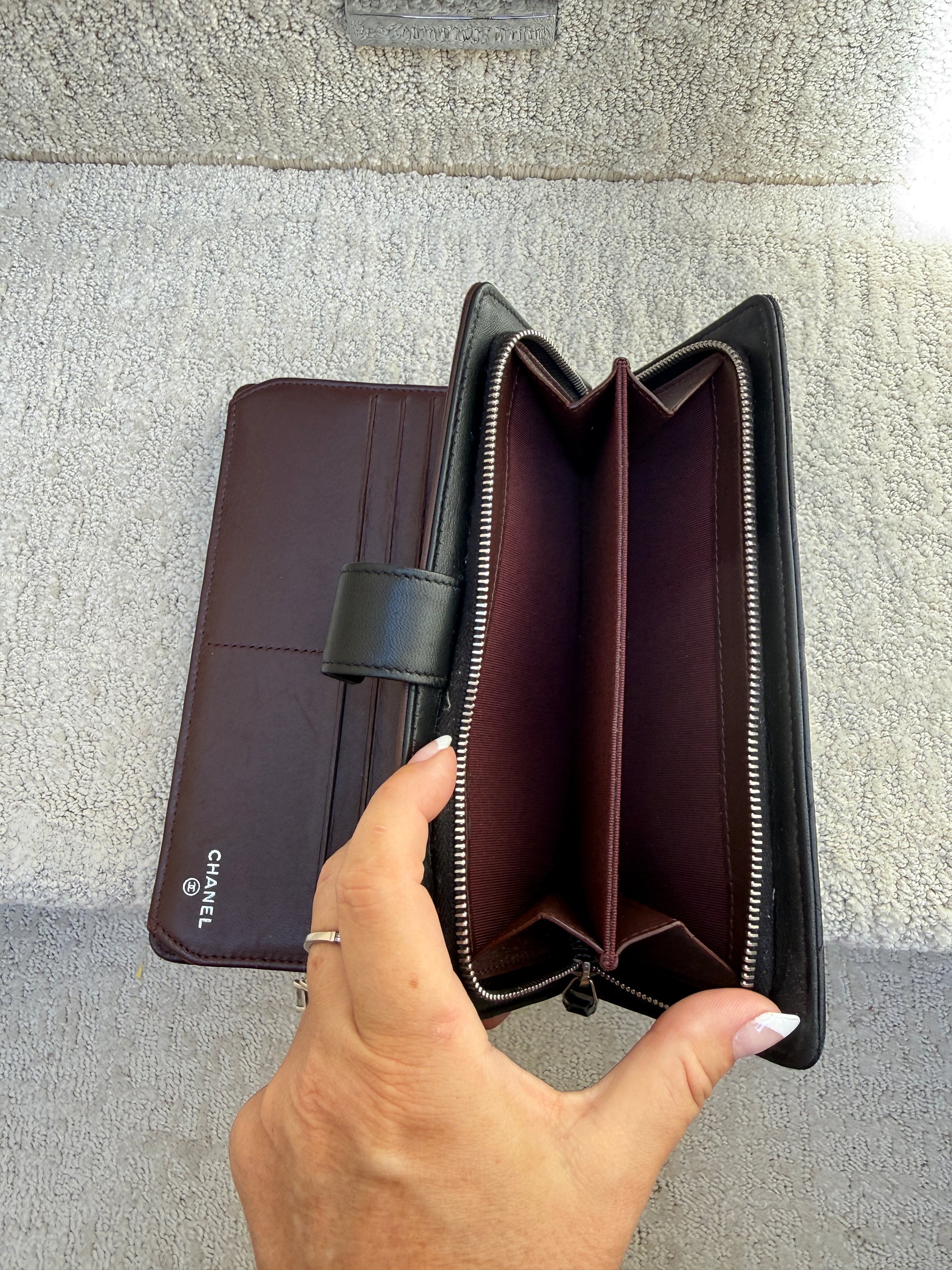 Chanel full size wallet showing large exterior zipper compartment preloved