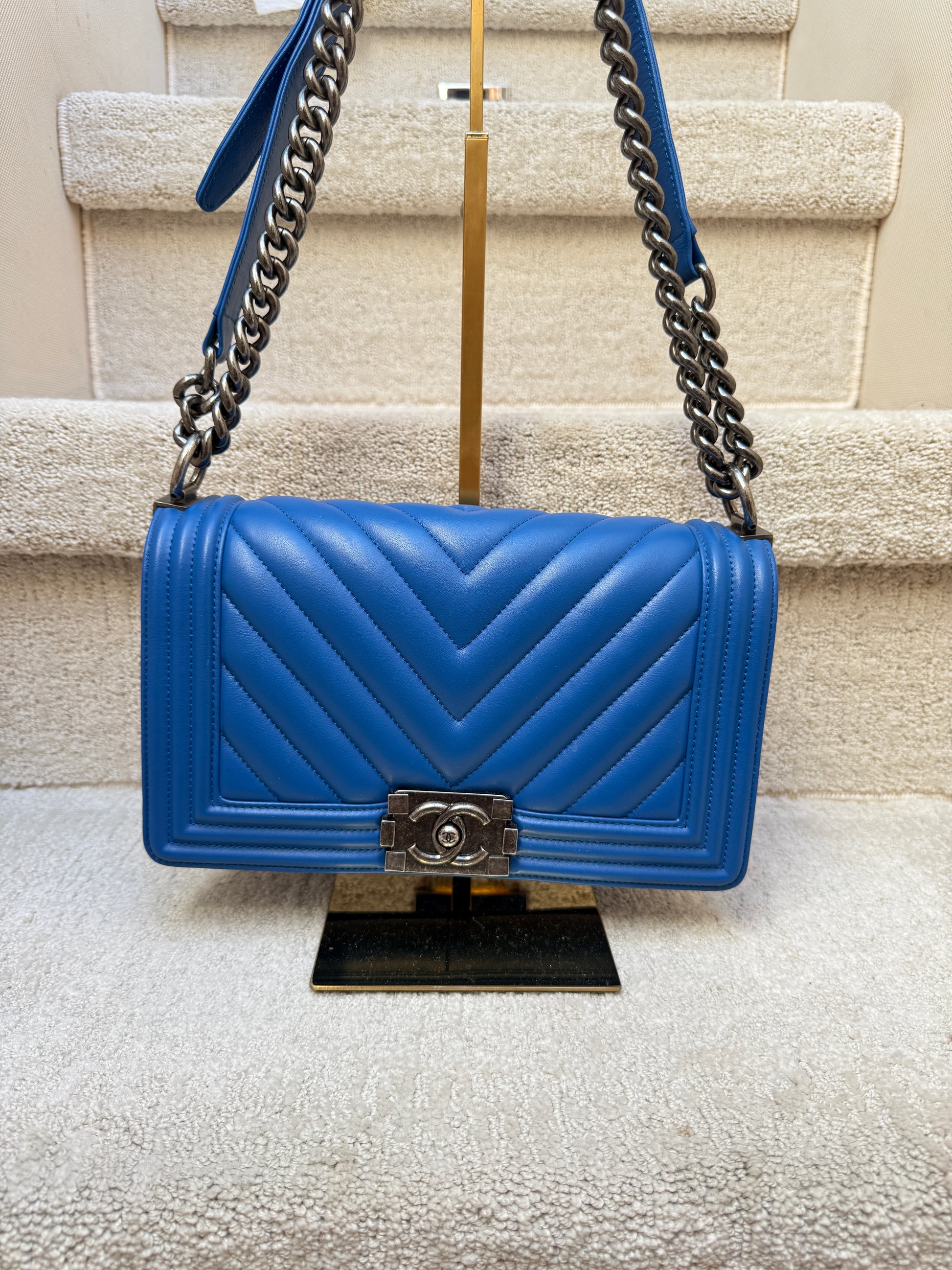 Chanel boy bag in size medium royal blue authentic and preowned from purseonalshopper