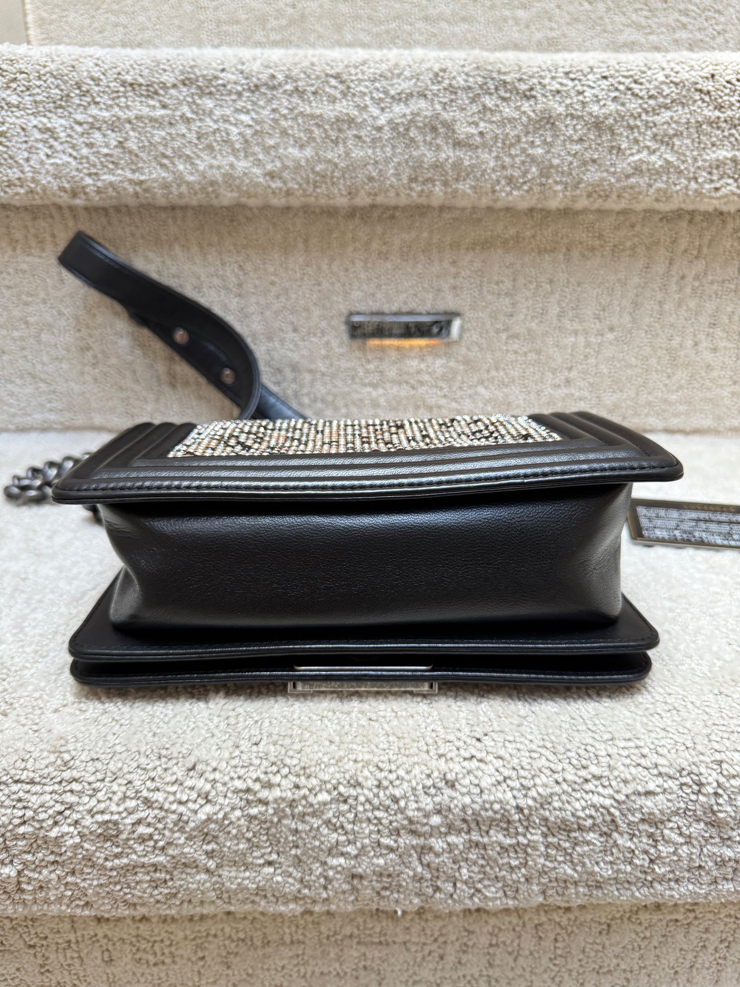 Chanel handbag in black boy bag style bottom of purse shown in photo in excellent preloved condition