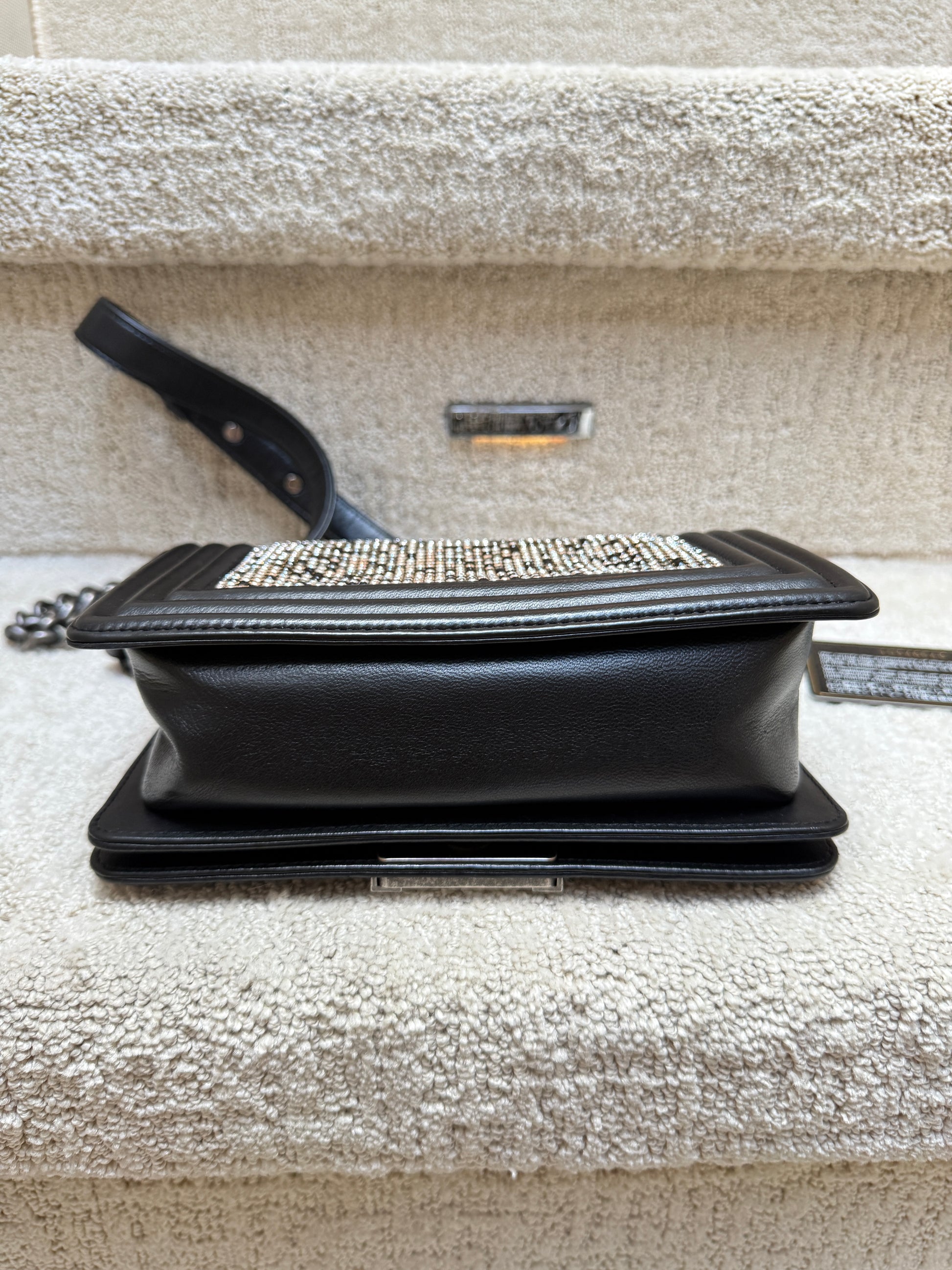 Chanel handbag in black boy bag style bottom of purse shown in photo in excellent preloved condition