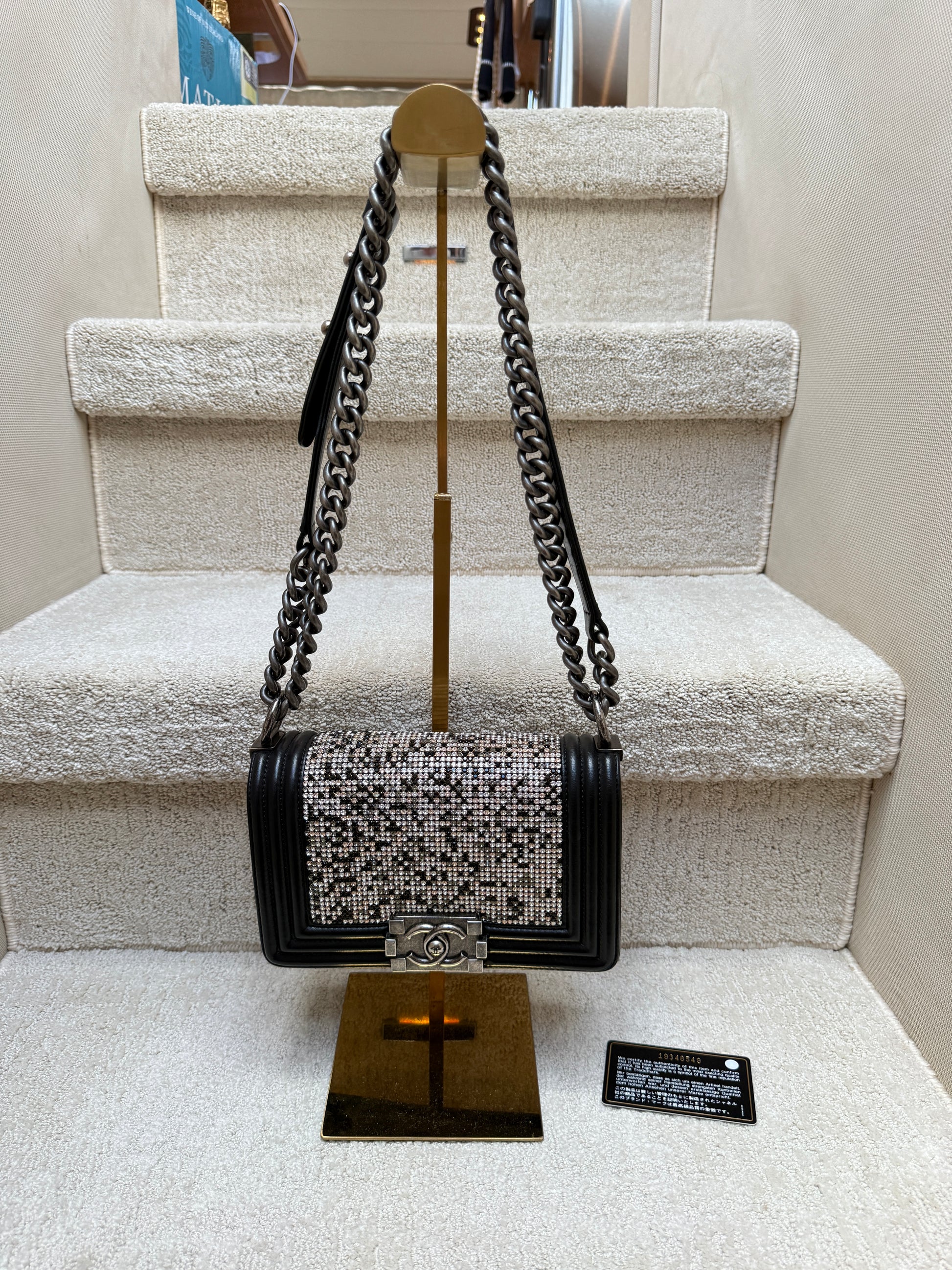 Chanel boy bag embellished with swarovski crystals in size small black for sale from purseonalshopper and like new authentic