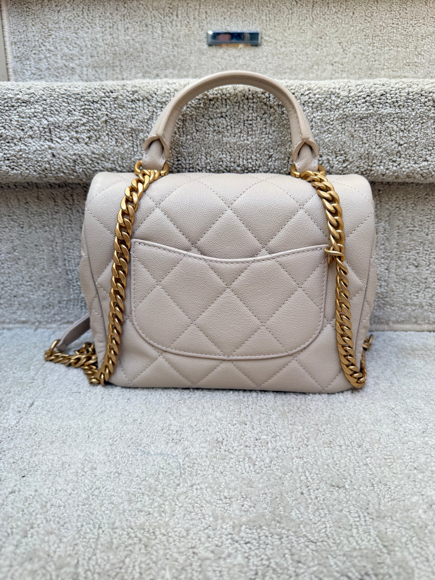 Chanel Shiny Caviar Quilted Mini Top Handle Flap Ecru