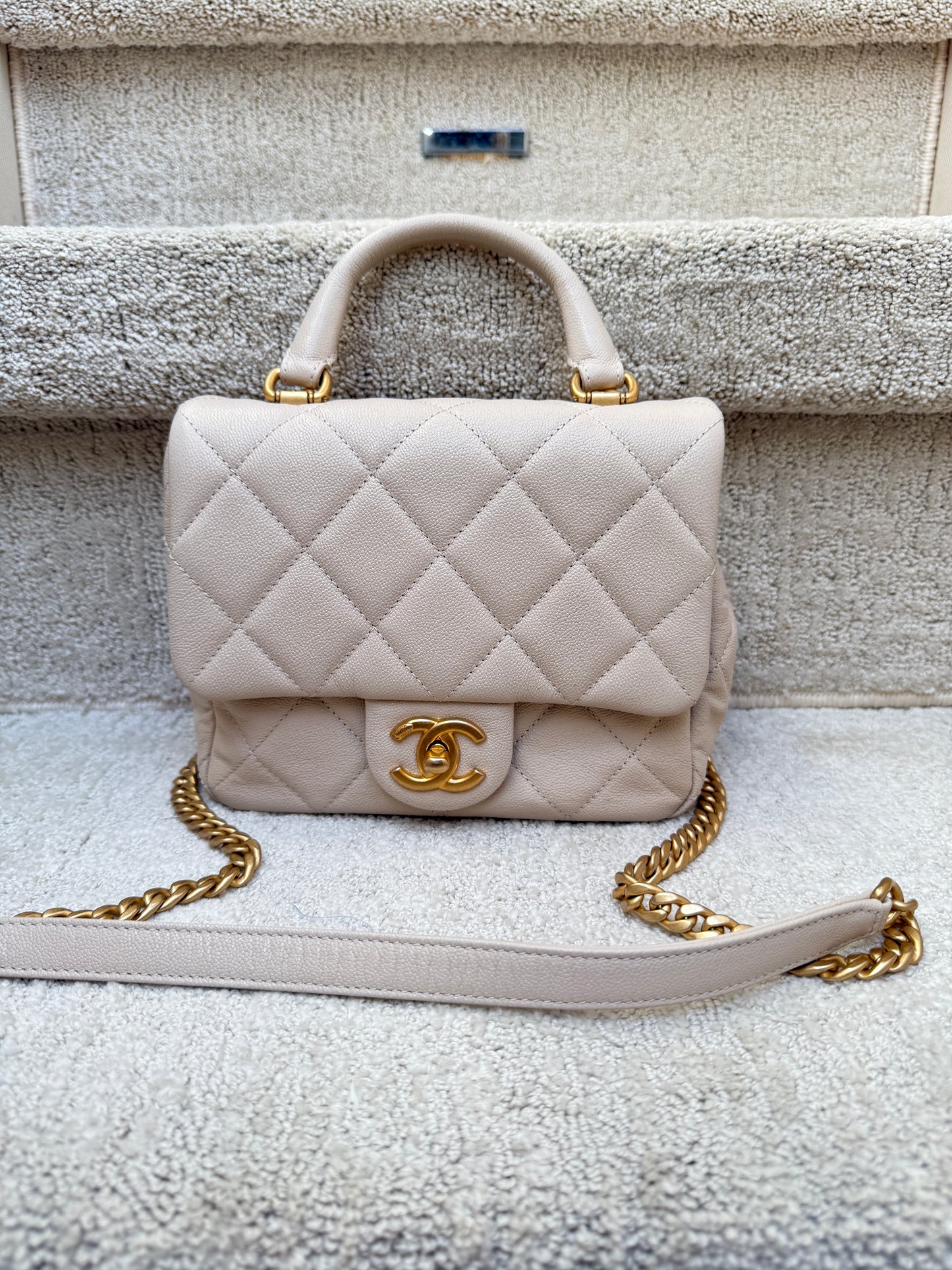Chanel Shiny Caviar Quilted Mini Top Handle Flap Ecru