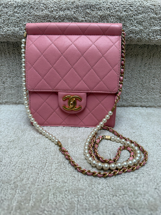 Chanel chic pearls flap crossbody flap handbag in pink with gold authentic preowned from purseonalshopper