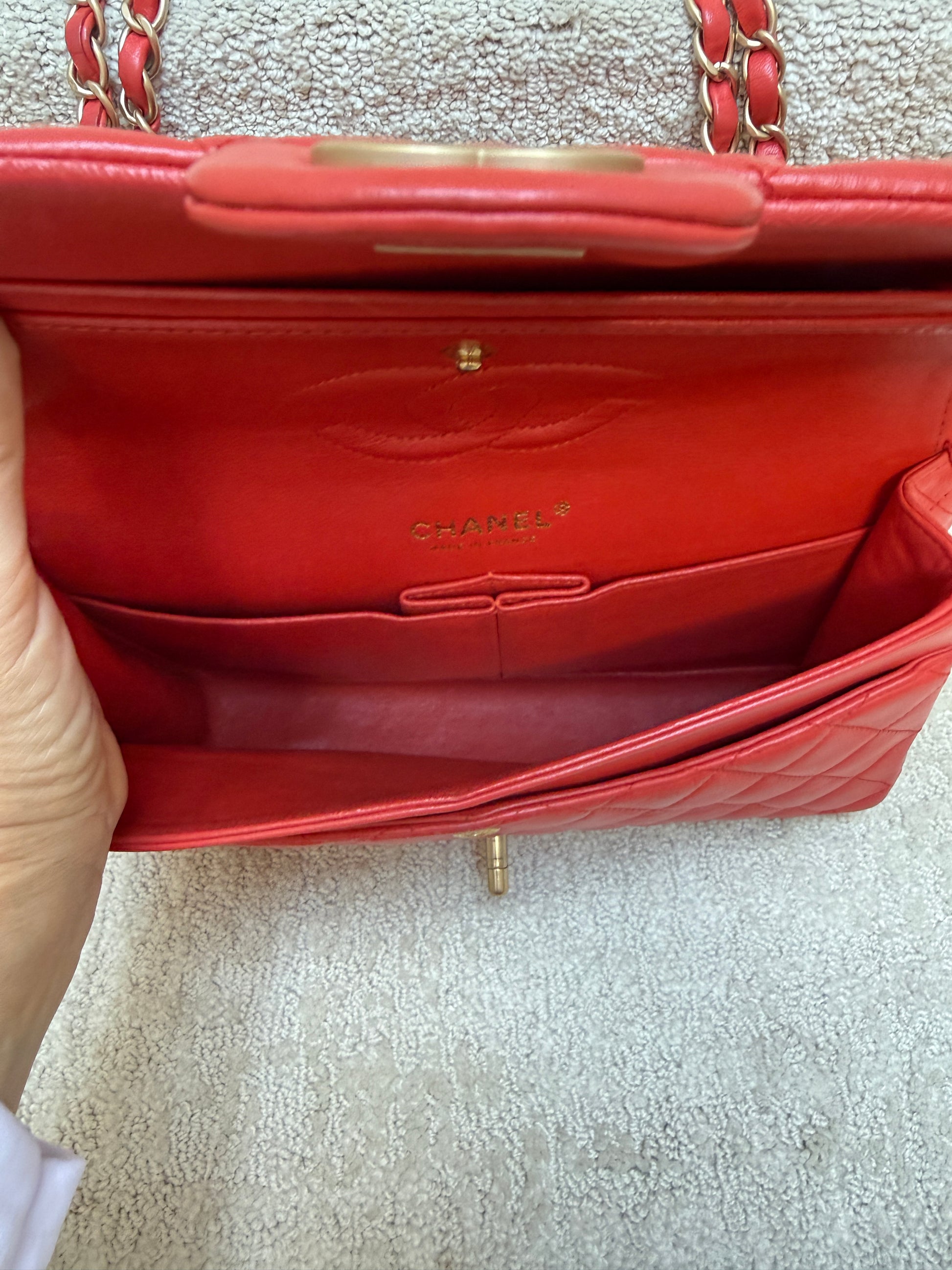 Interview of chanel classic double flap medium size in red lamskin