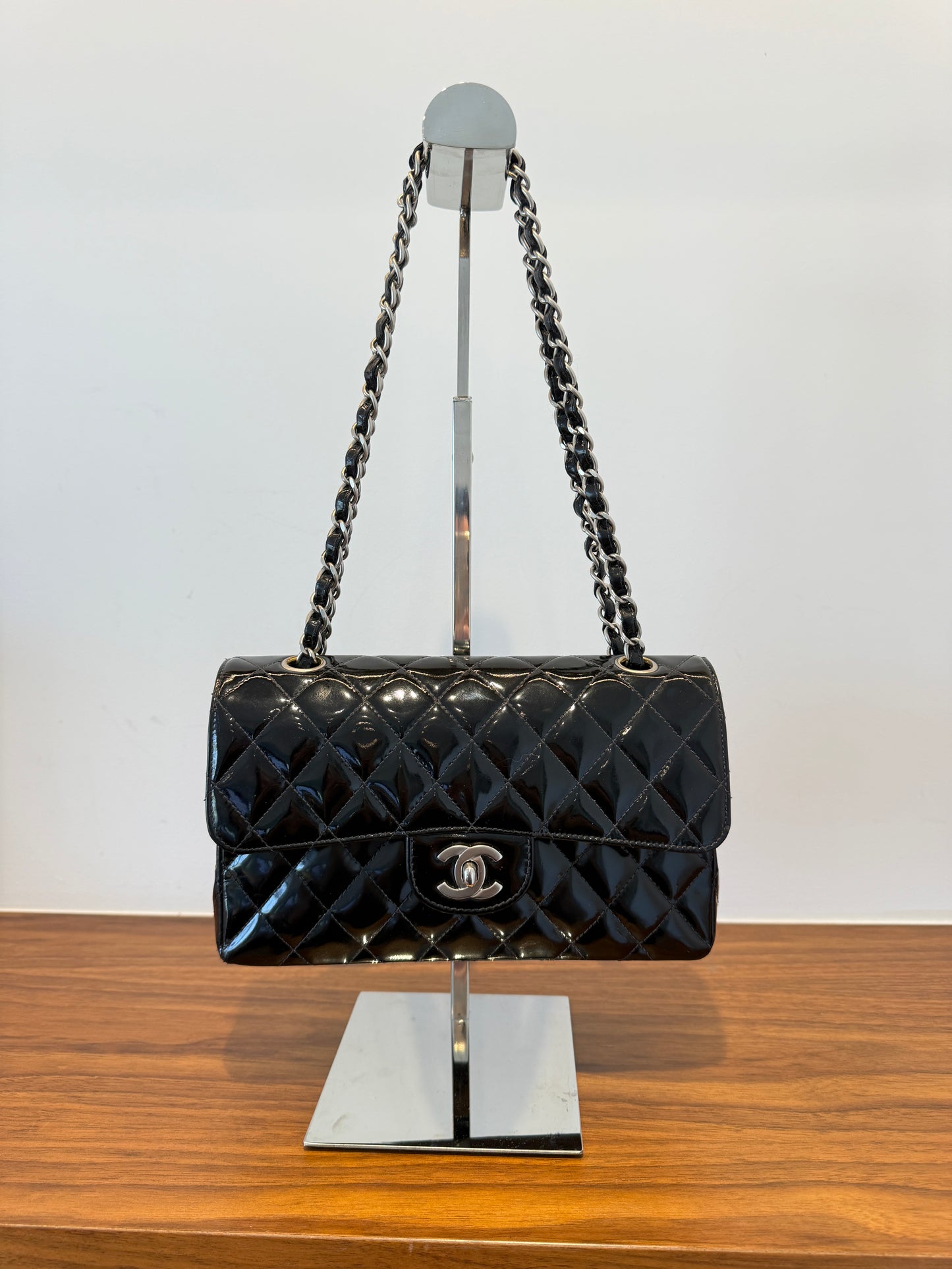 Chanel Classic Double Flap Small in Black Patent Leather with Silver Hardware