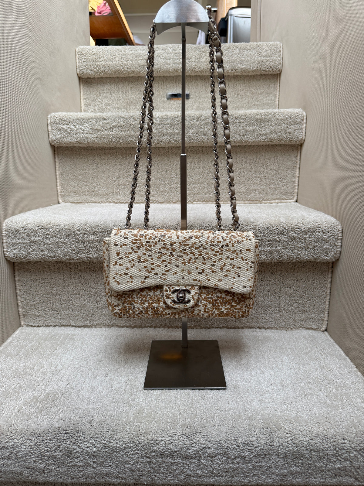 Chanel Small Single Flap Bag in Beige Raffia Sequins from Karl Lagerfeld