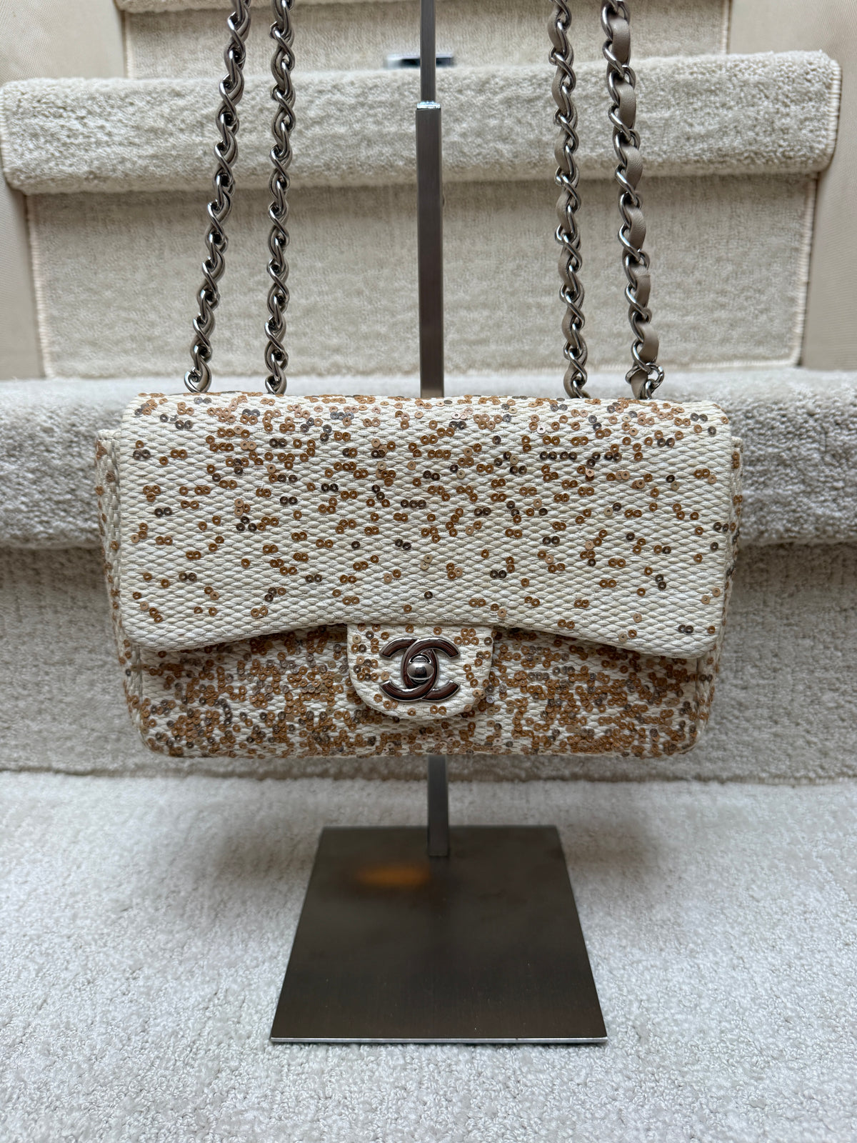 Chanel Small Single Flap Bag in Beige Raffia Sequins from Karl Lagerfeld