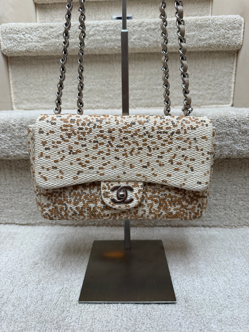 Chanel Small Single Flap Bag in Beige Raffia Sequins from Karl Lagerfeld