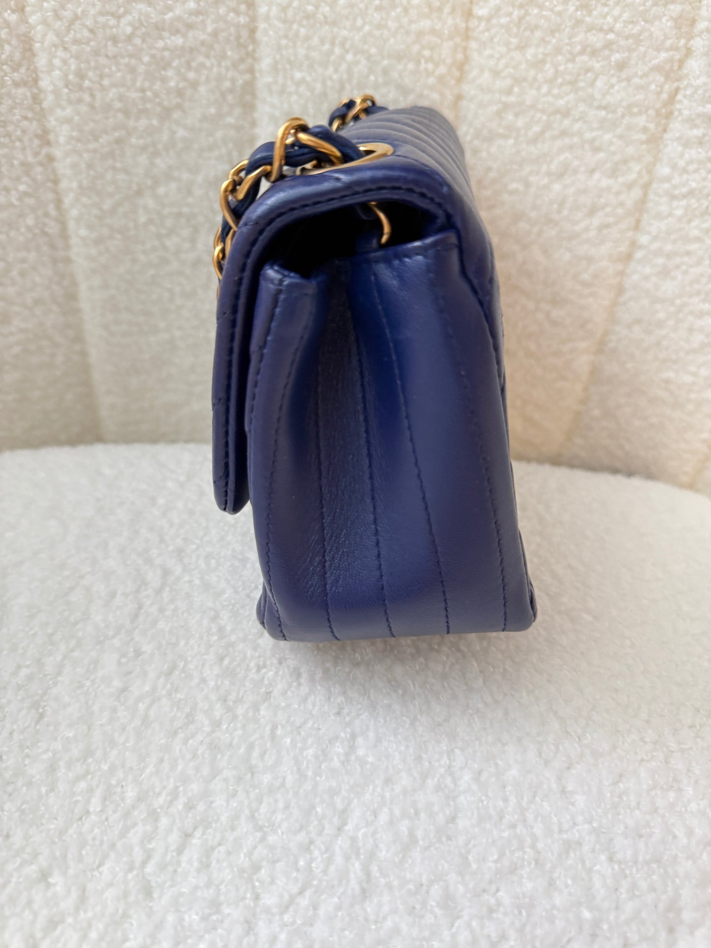 Chanel Lambskin Chevron Quilted Mini Square Flap Navy Blue