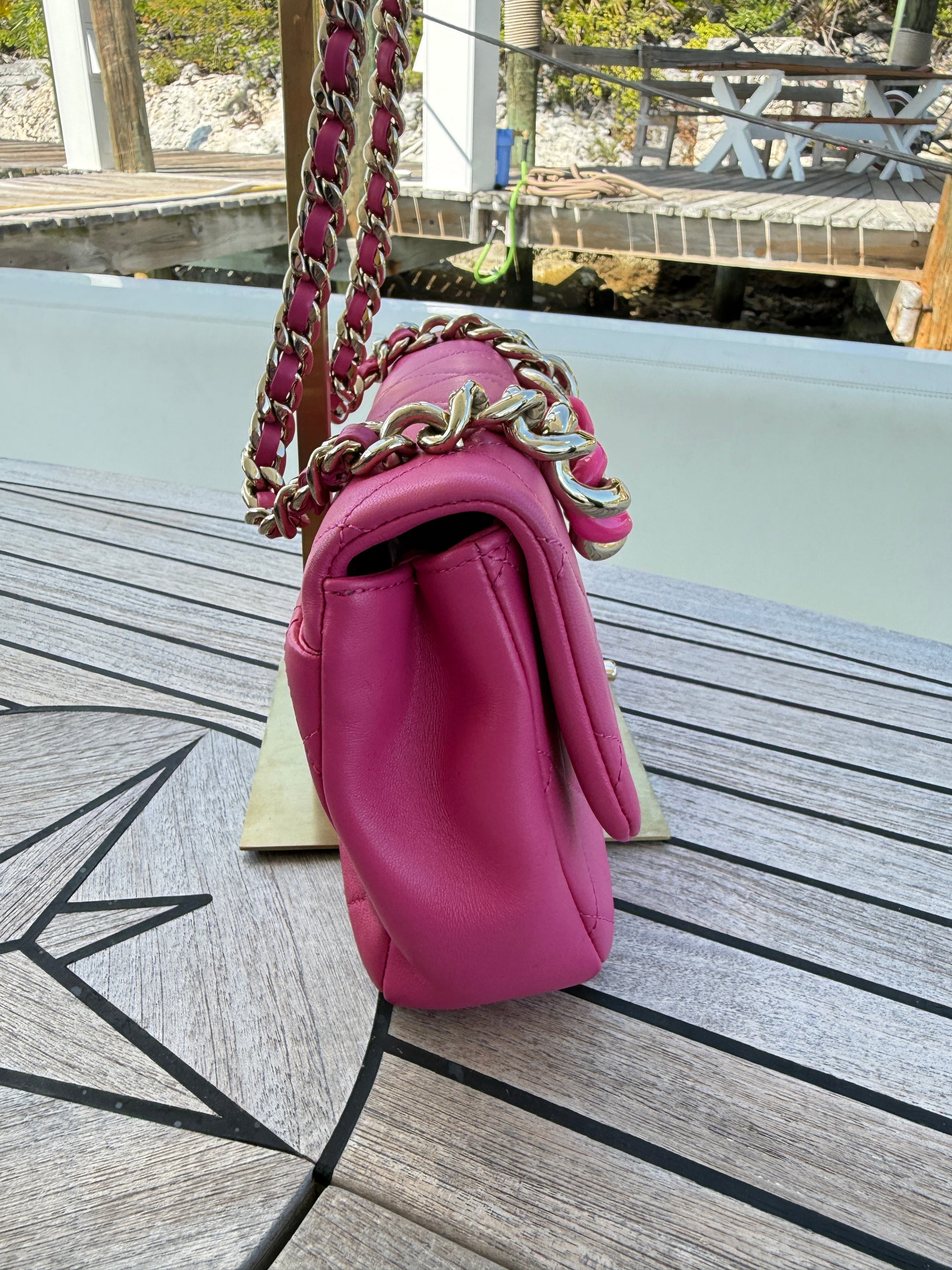 chanel classic flap medium in pink and gold hardware view of other side of purse
