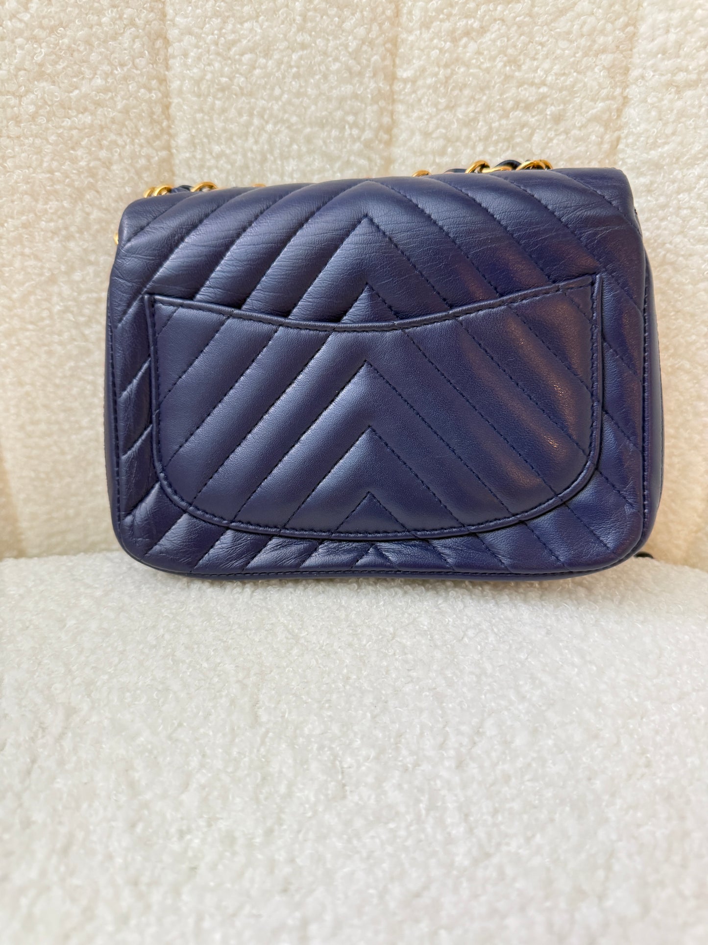 Chanel Lambskin Chevron Quilted Mini Square Flap Navy Blue