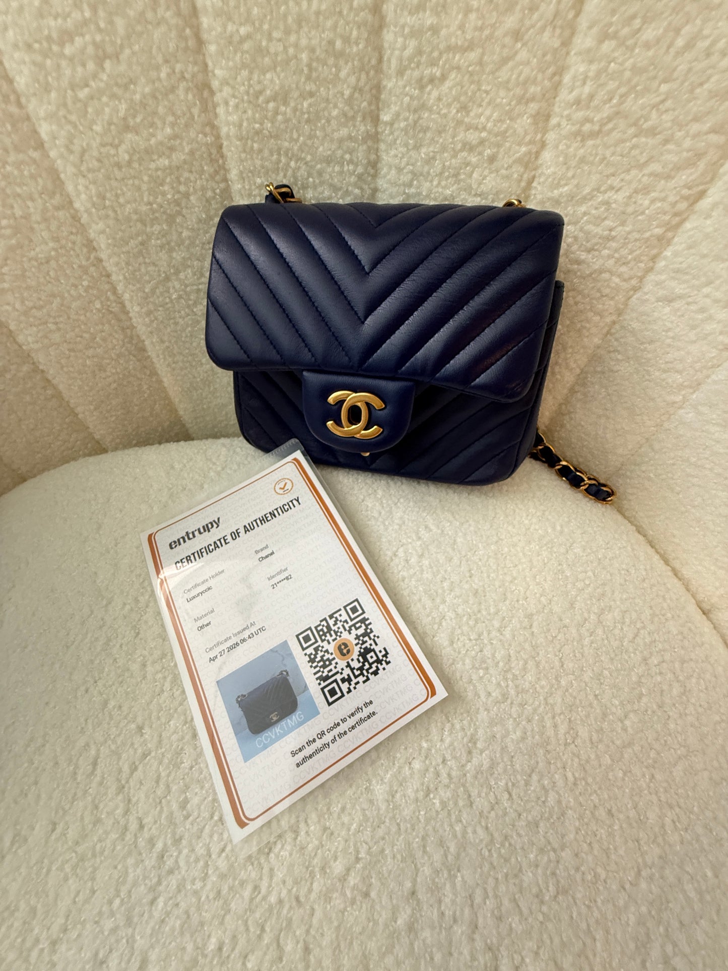Chanel Lambskin Chevron Quilted Mini Square Flap Navy Blue