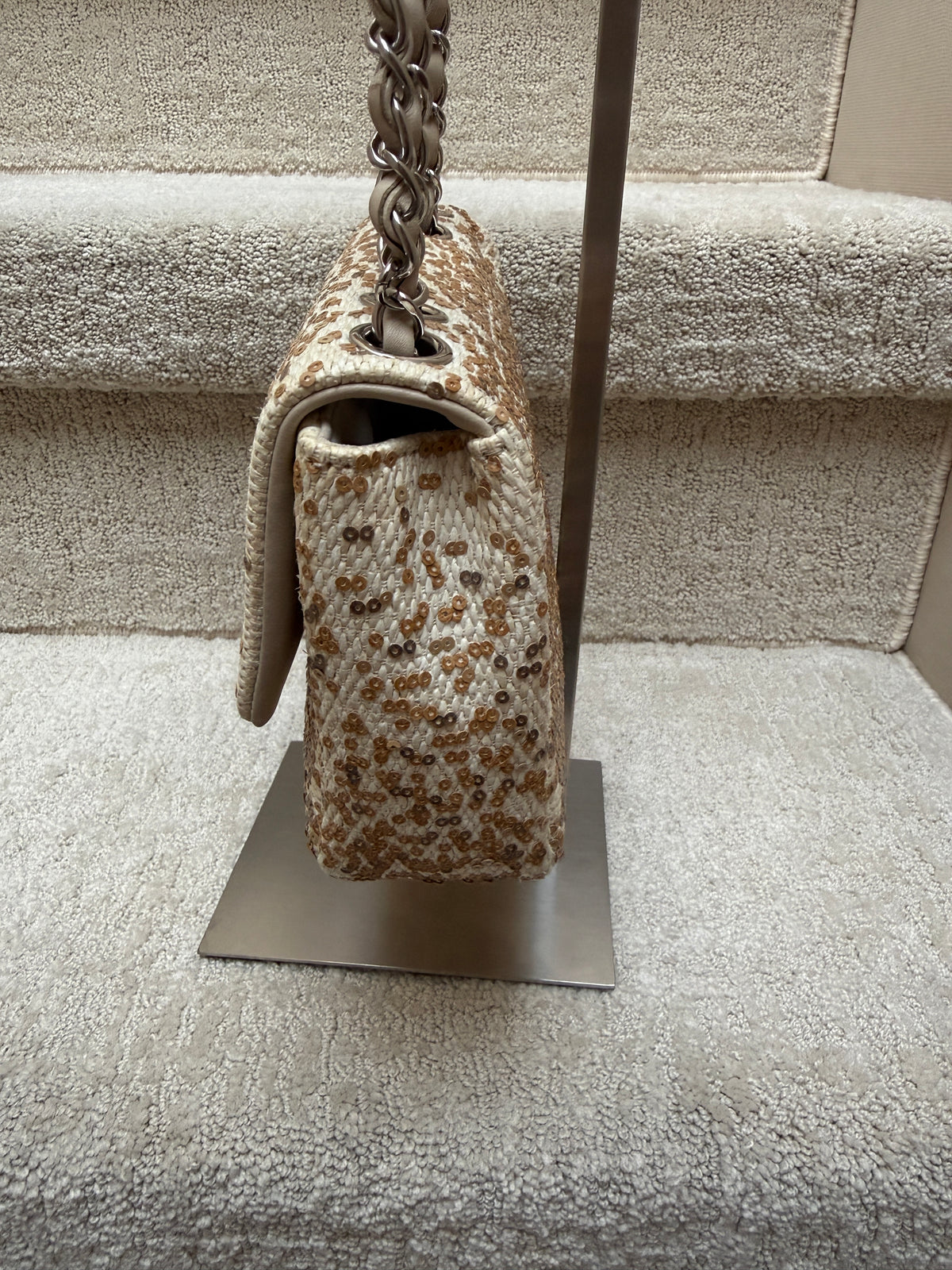 Chanel Small Single Flap Bag in Beige Raffia Sequins from Karl Lagerfeld
