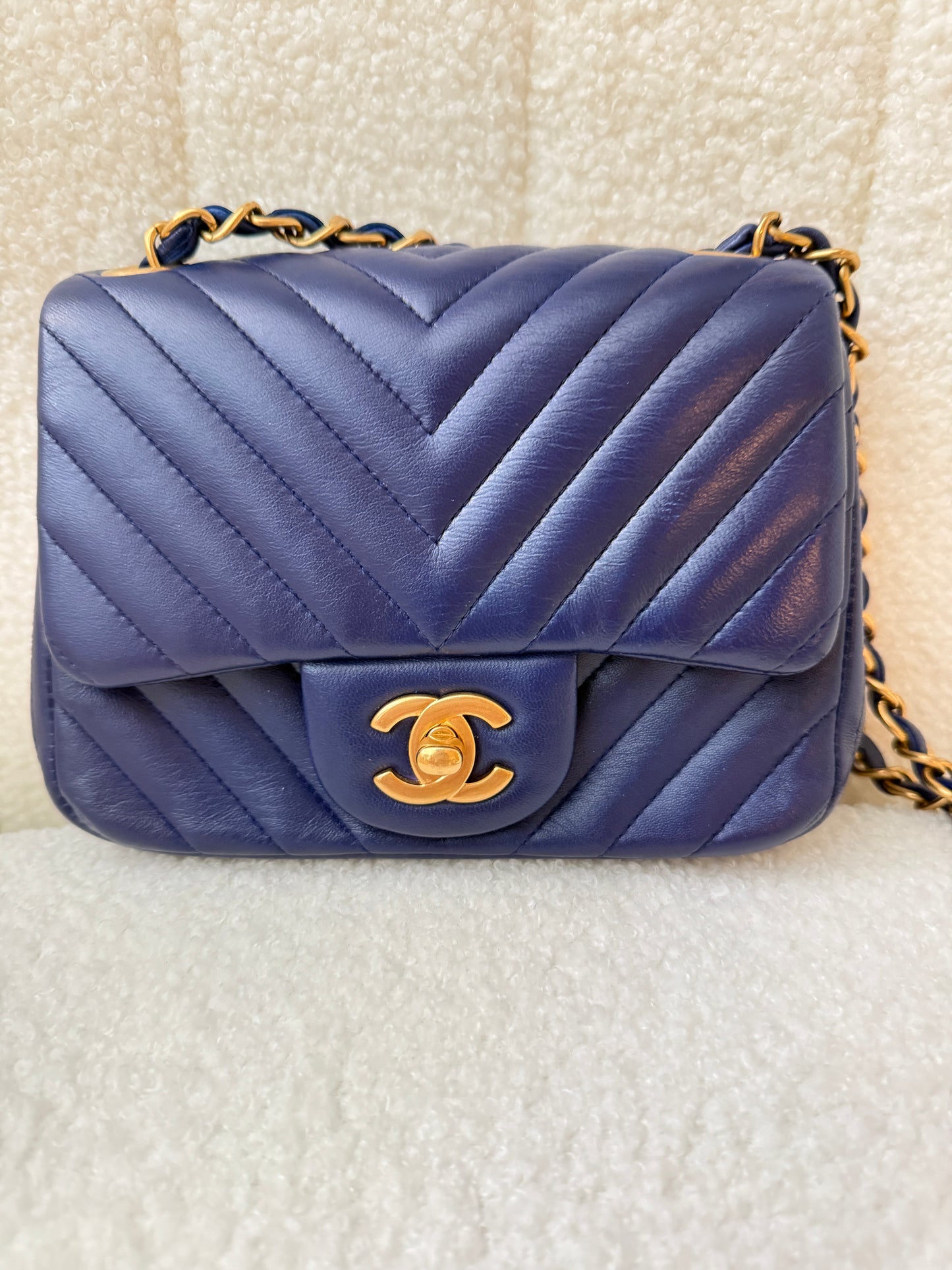 Chanel Lambskin Chevron Quilted Mini Square Flap Navy Blue