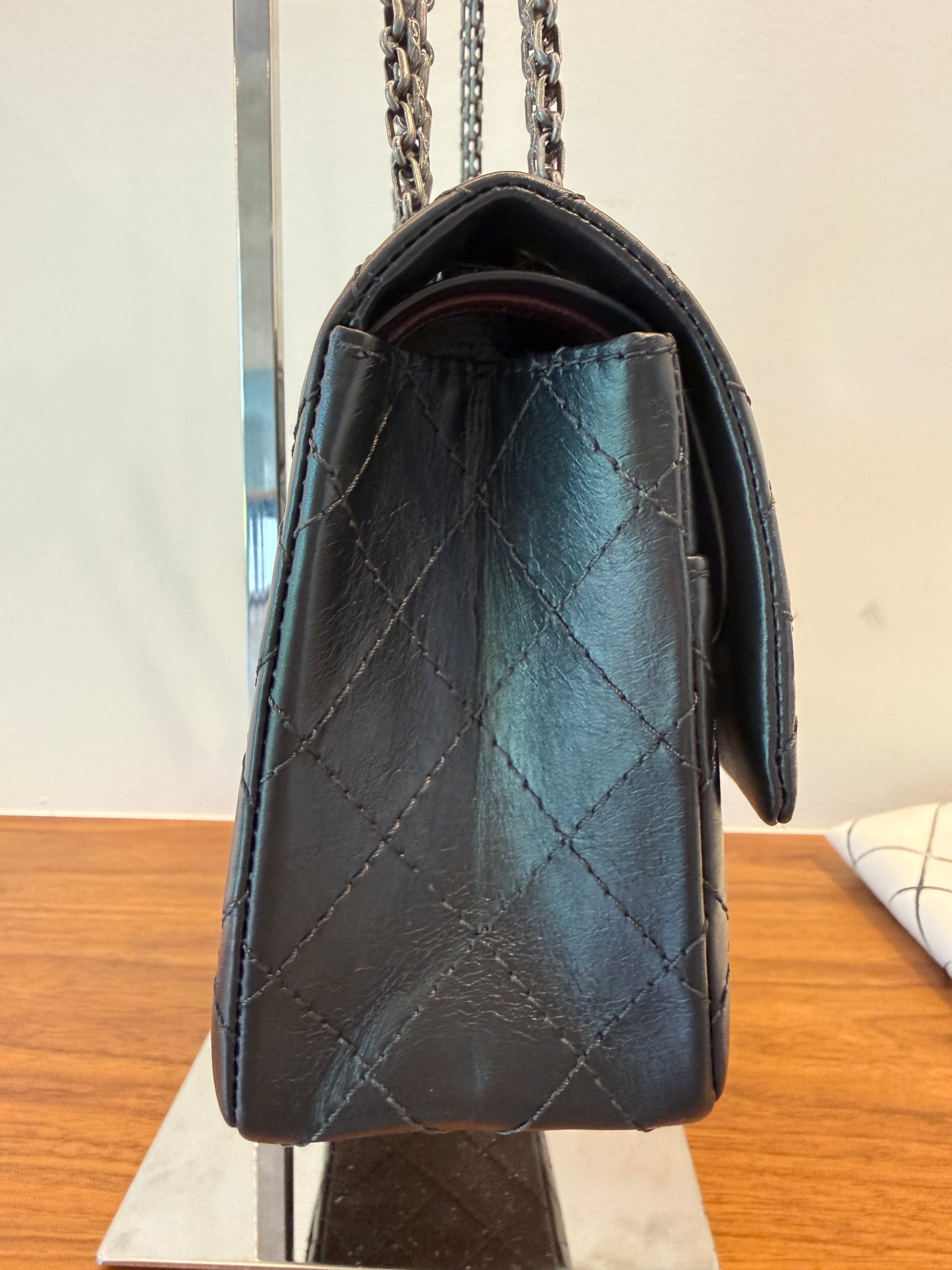 Side view of chanel classic double flap black medium 2.55 255 size for sale