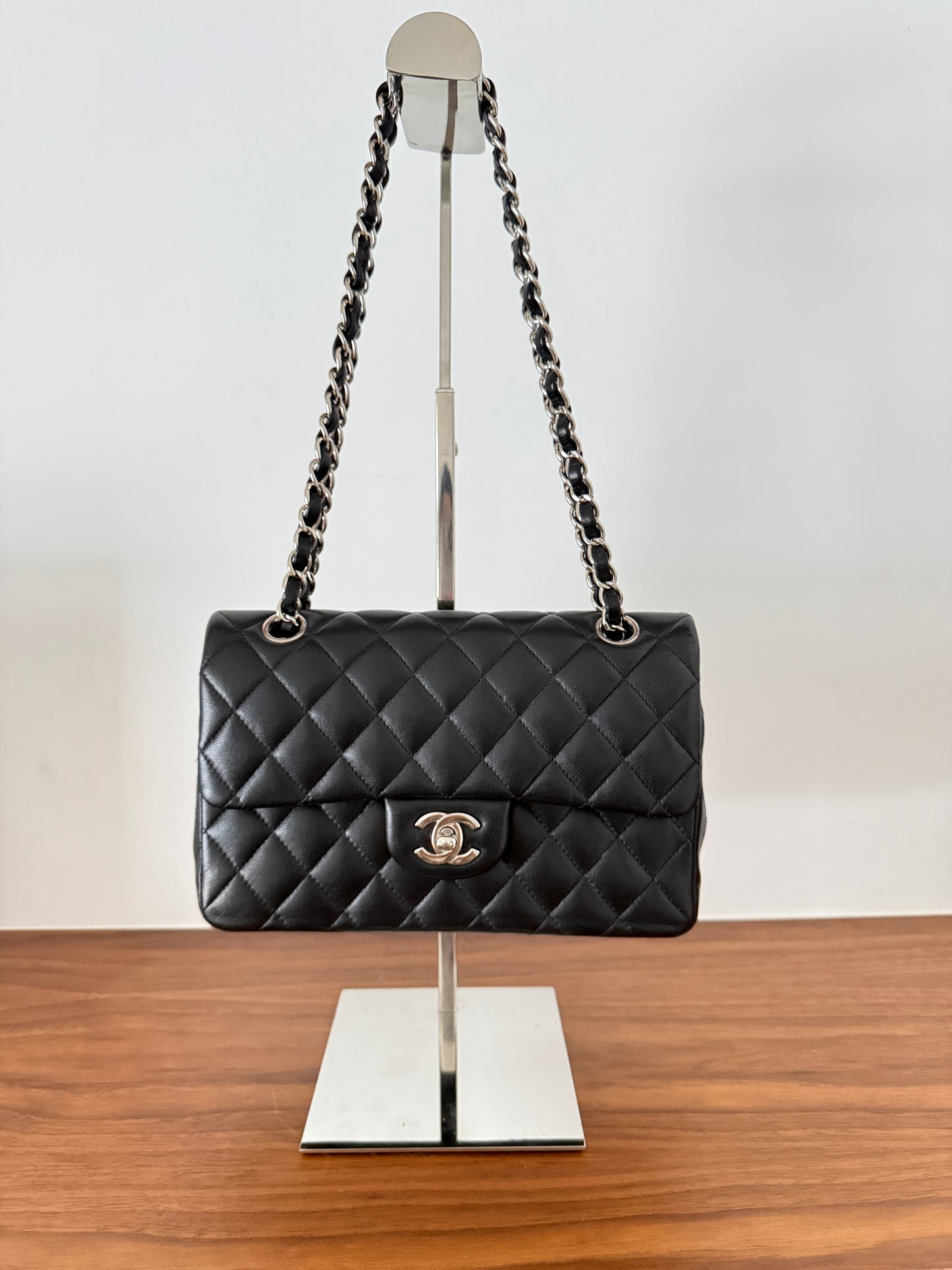Chanel Double Classic flap small black lambskin with silver hardware authentic