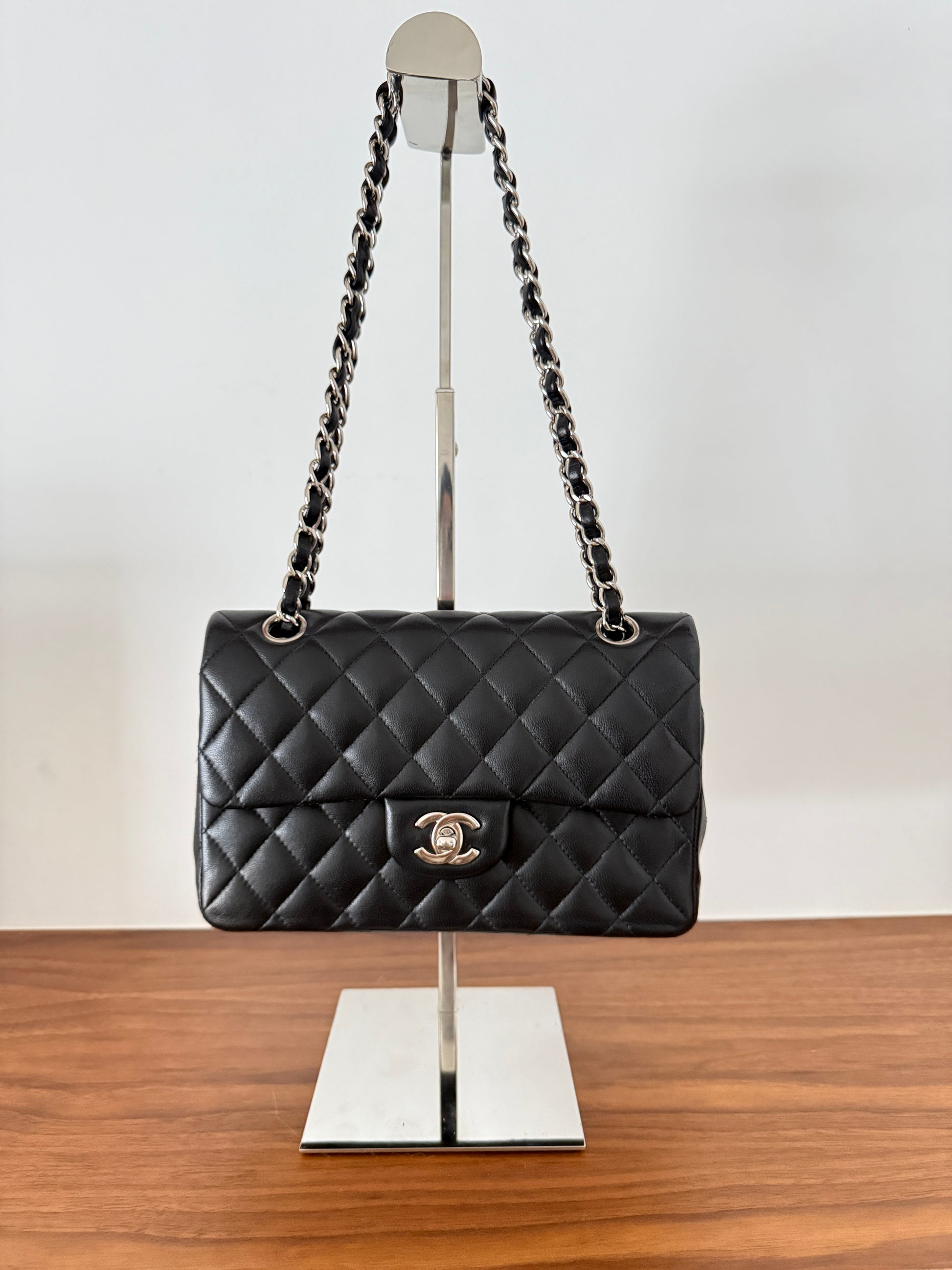 Chanel Double Classic flap small black lambskin with silver hardware authentic