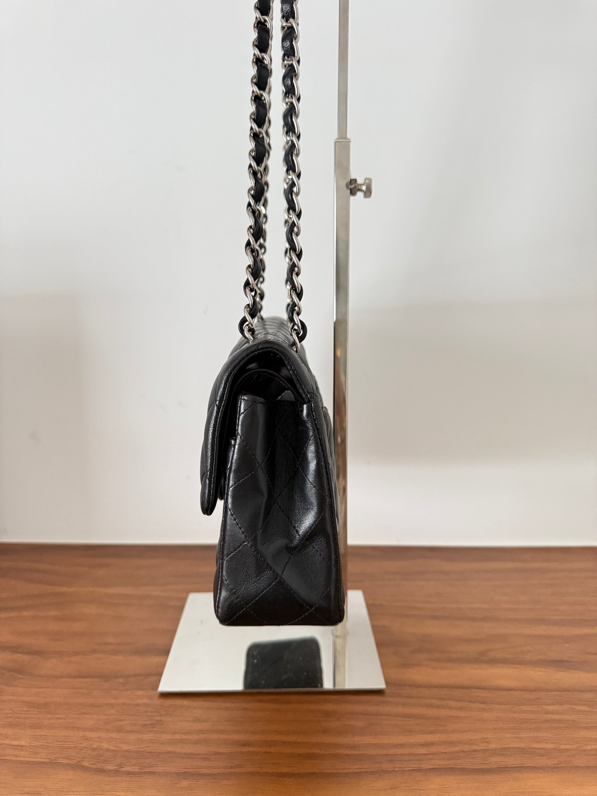 chanel double classic flap small black lambskin side view