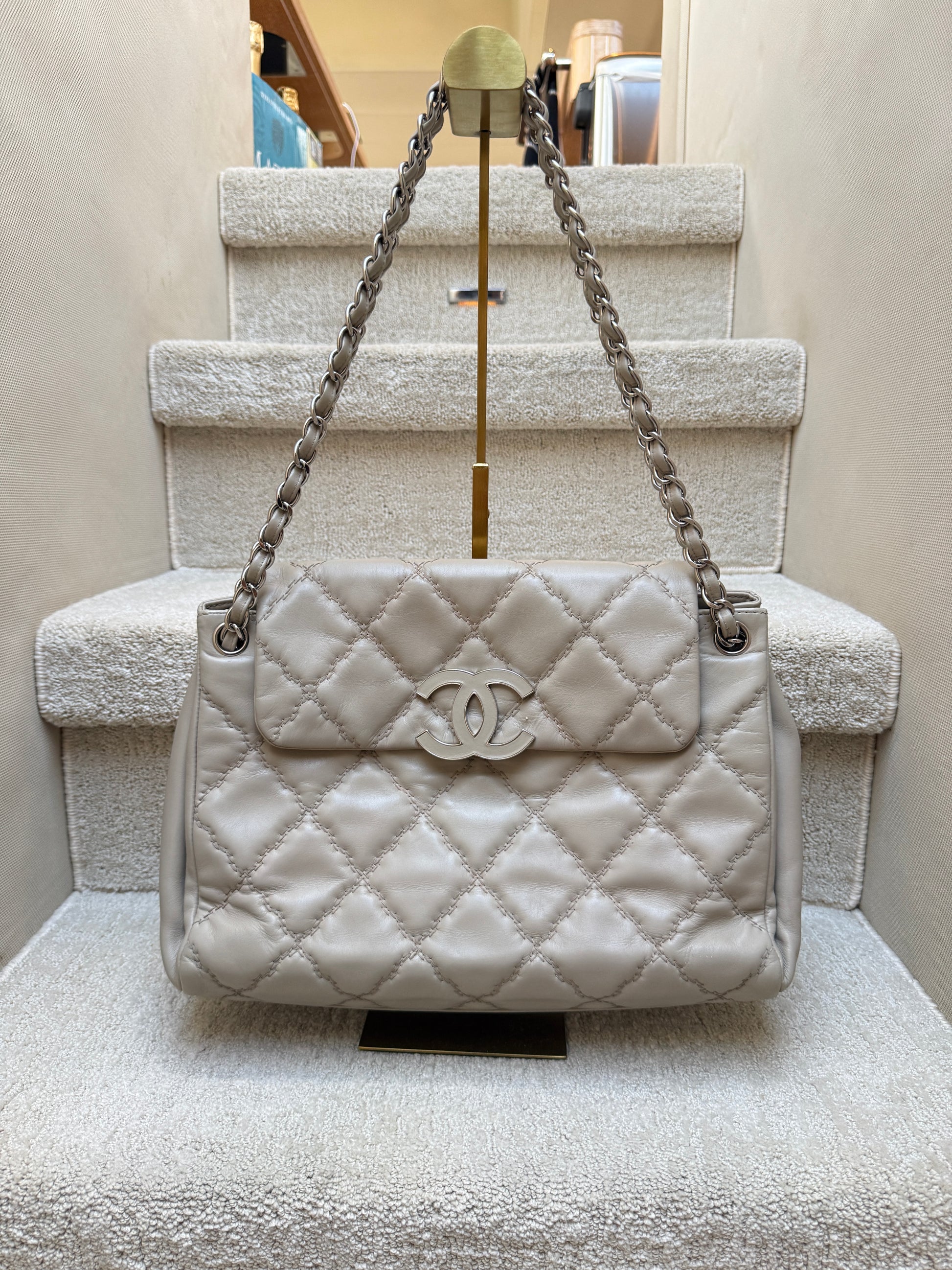 Chanel Hampton Accordion Flap beige lambskin front view