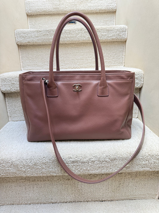 Chanel executive shopper tote with 2 top handles and shoulder strap in plum leather is authentic and preloved from Purseonalshopper 