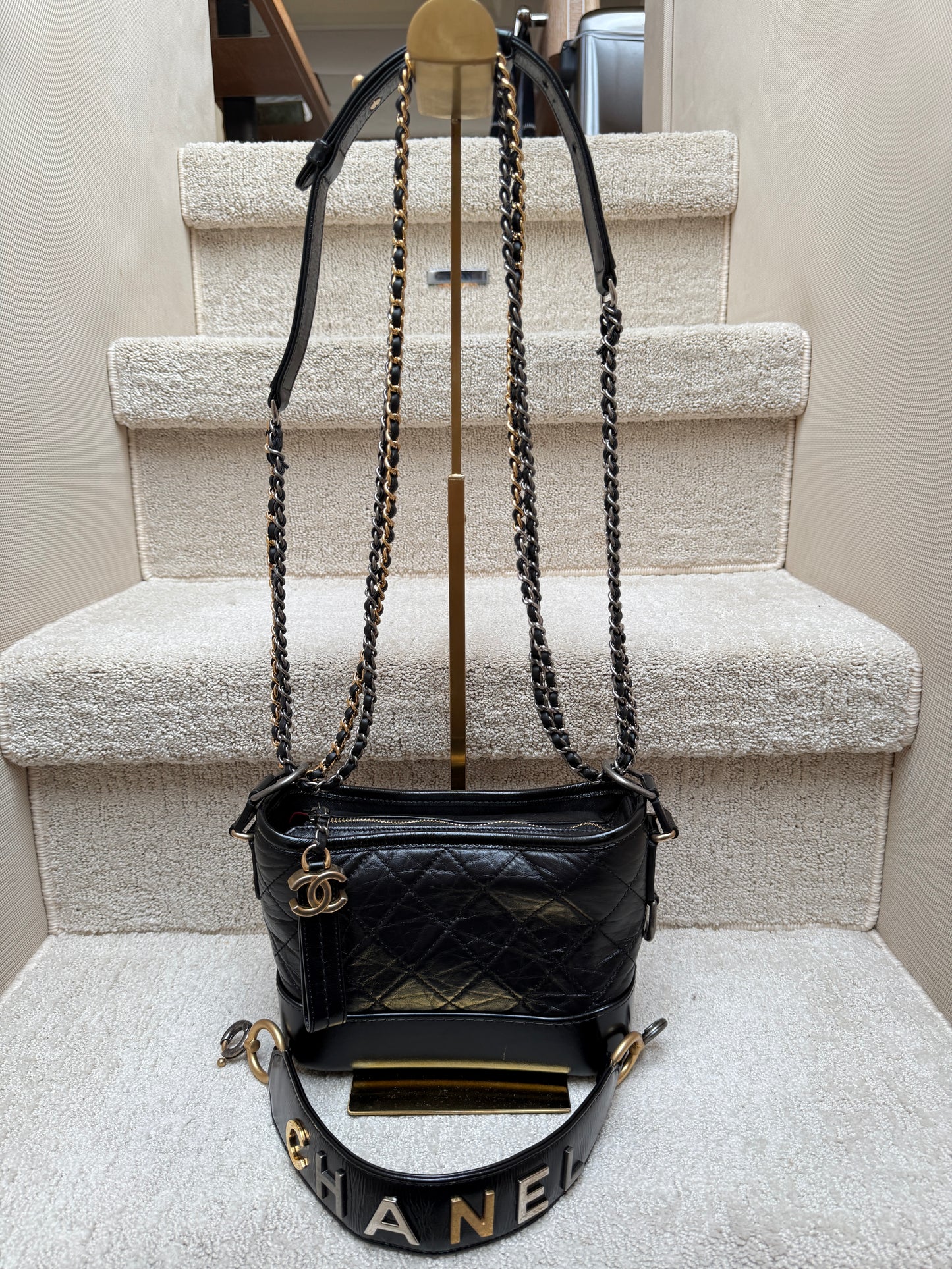 Chanel gabrielle aged lambskin handbag in black with top strap and crossbody chain with 3 colors of hardware resale