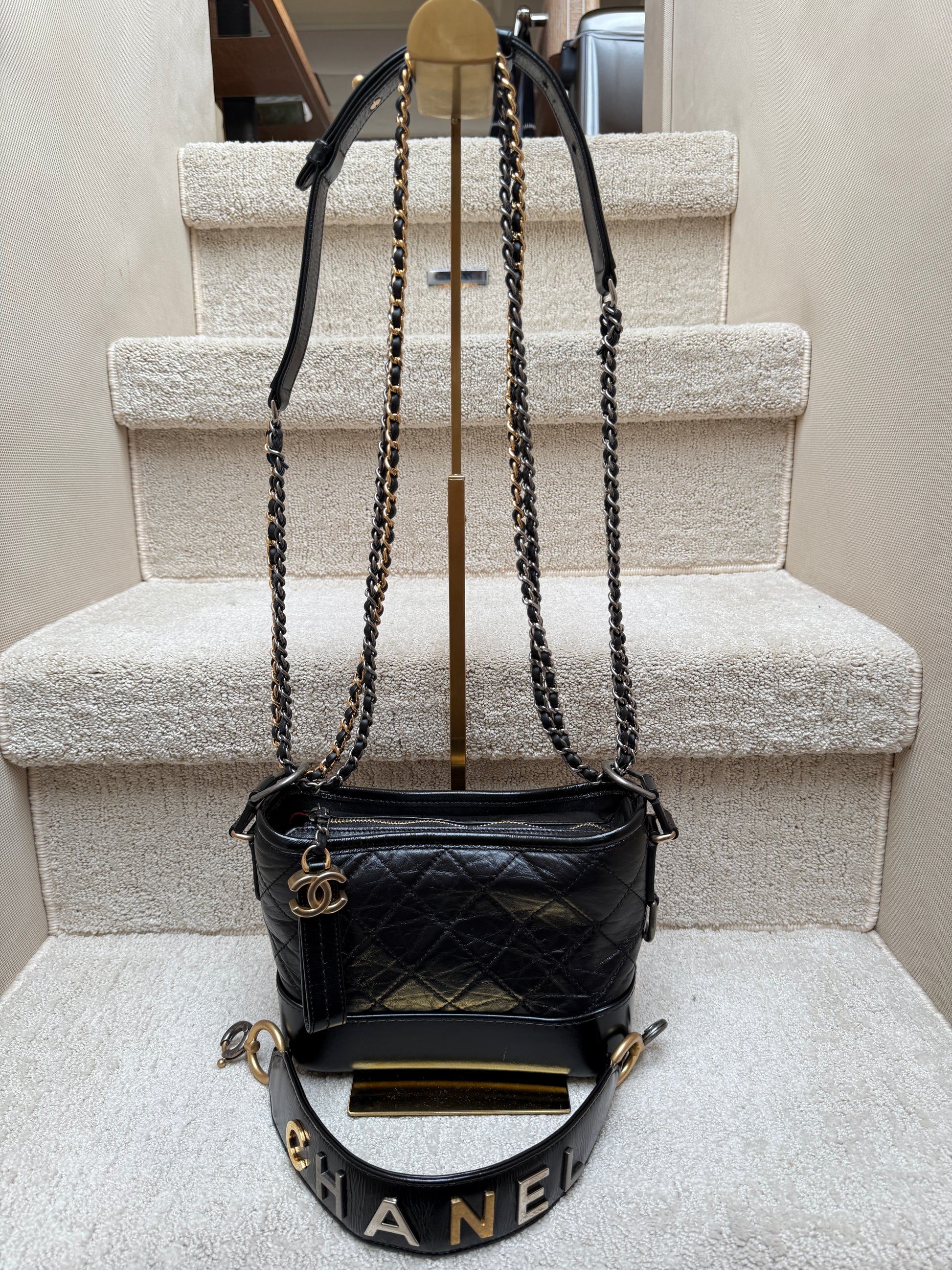 Chanel gabrielle aged lambskin handbag in black with top strap and crossbody chain with 3 colors of hardware resale