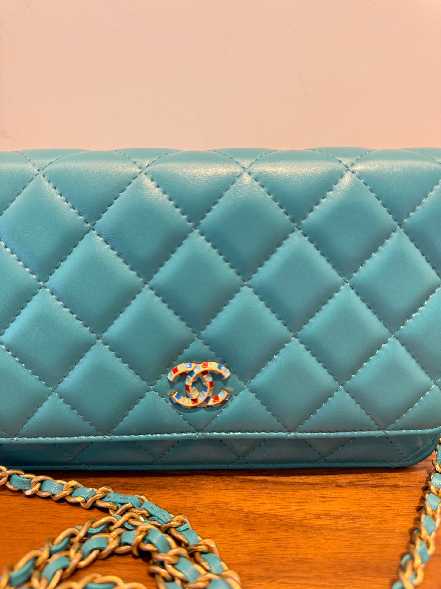 Chanel Lambskin Quilted Wallet on Chain WOC in Turquoise