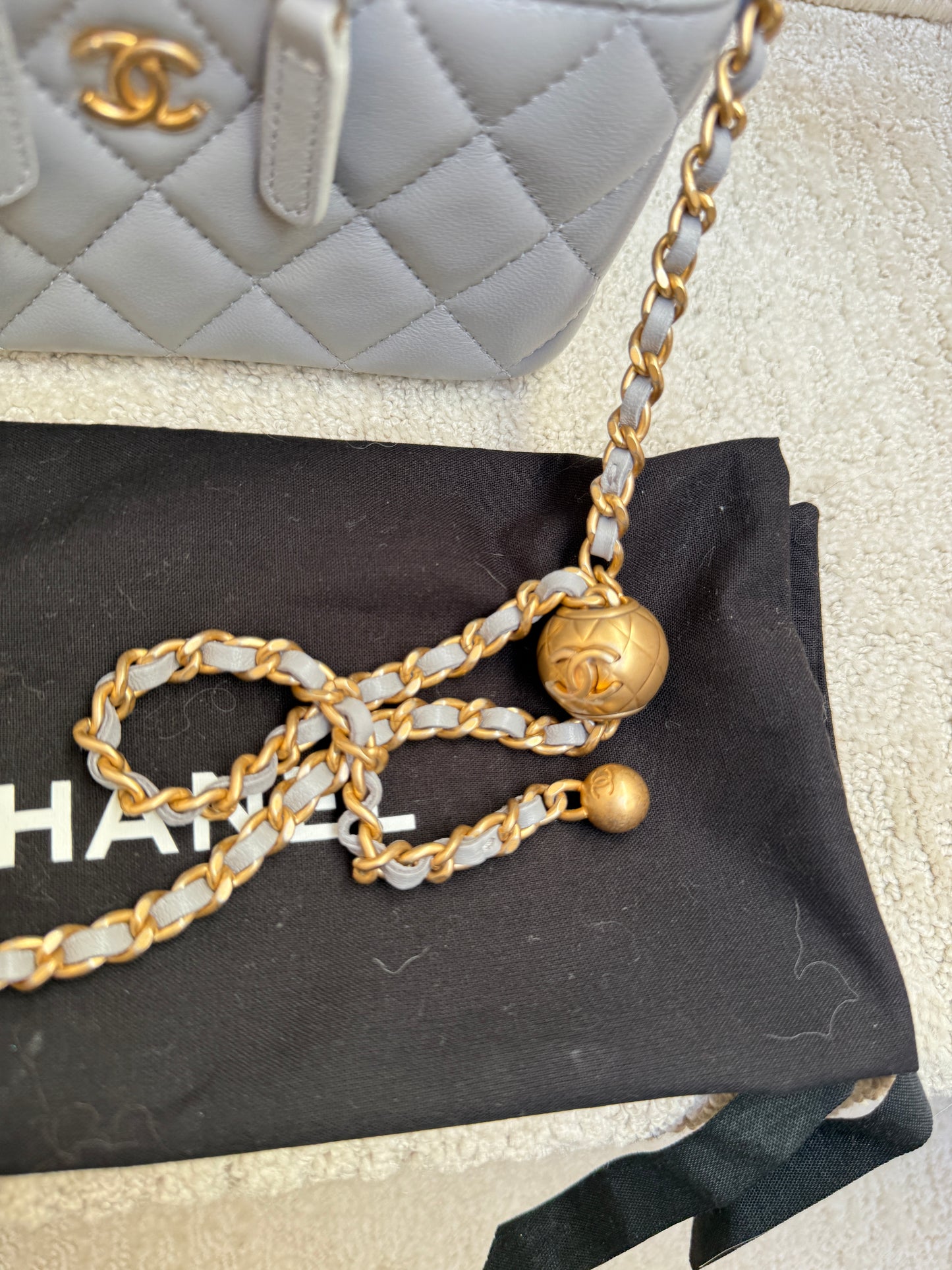 Chanel Lambskin Quilted Small Pearl Crush Vanity Case With Chain Grey