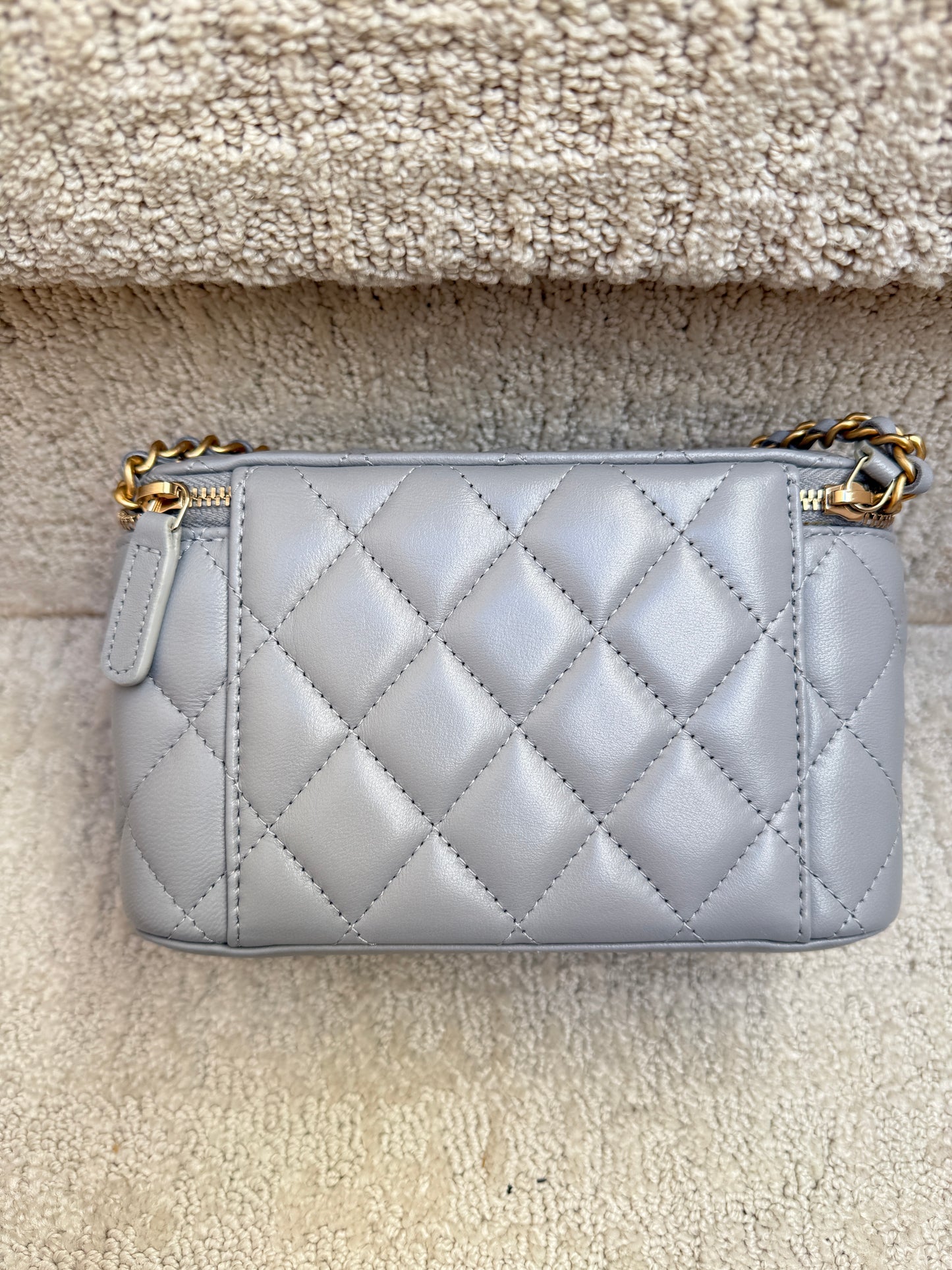 Chanel Lambskin Quilted Small Pearl Crush Vanity Case With Chain Grey