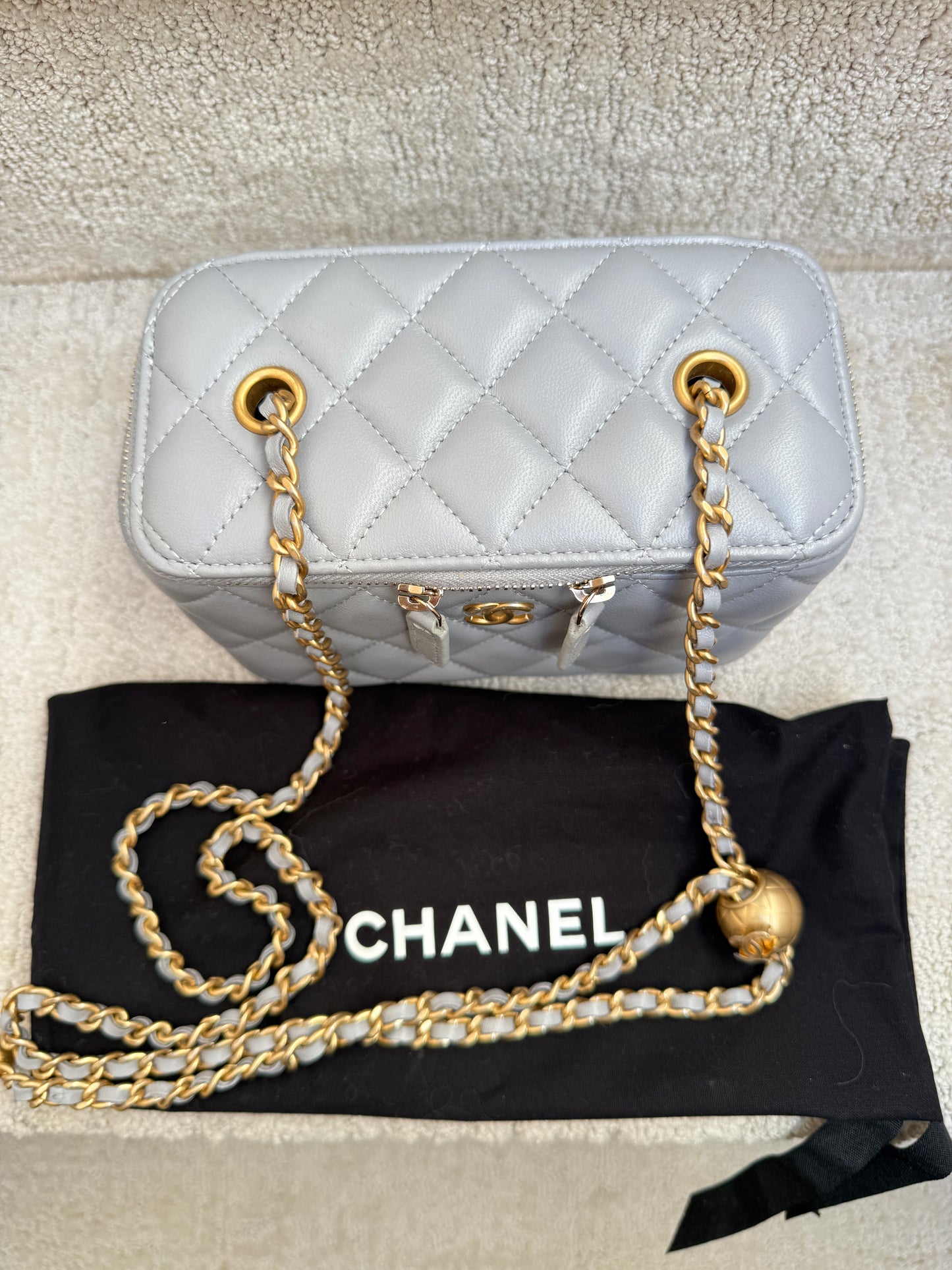Chanel Lambskin Quilted Small Pearl Crush Vanity Case With Chain Grey