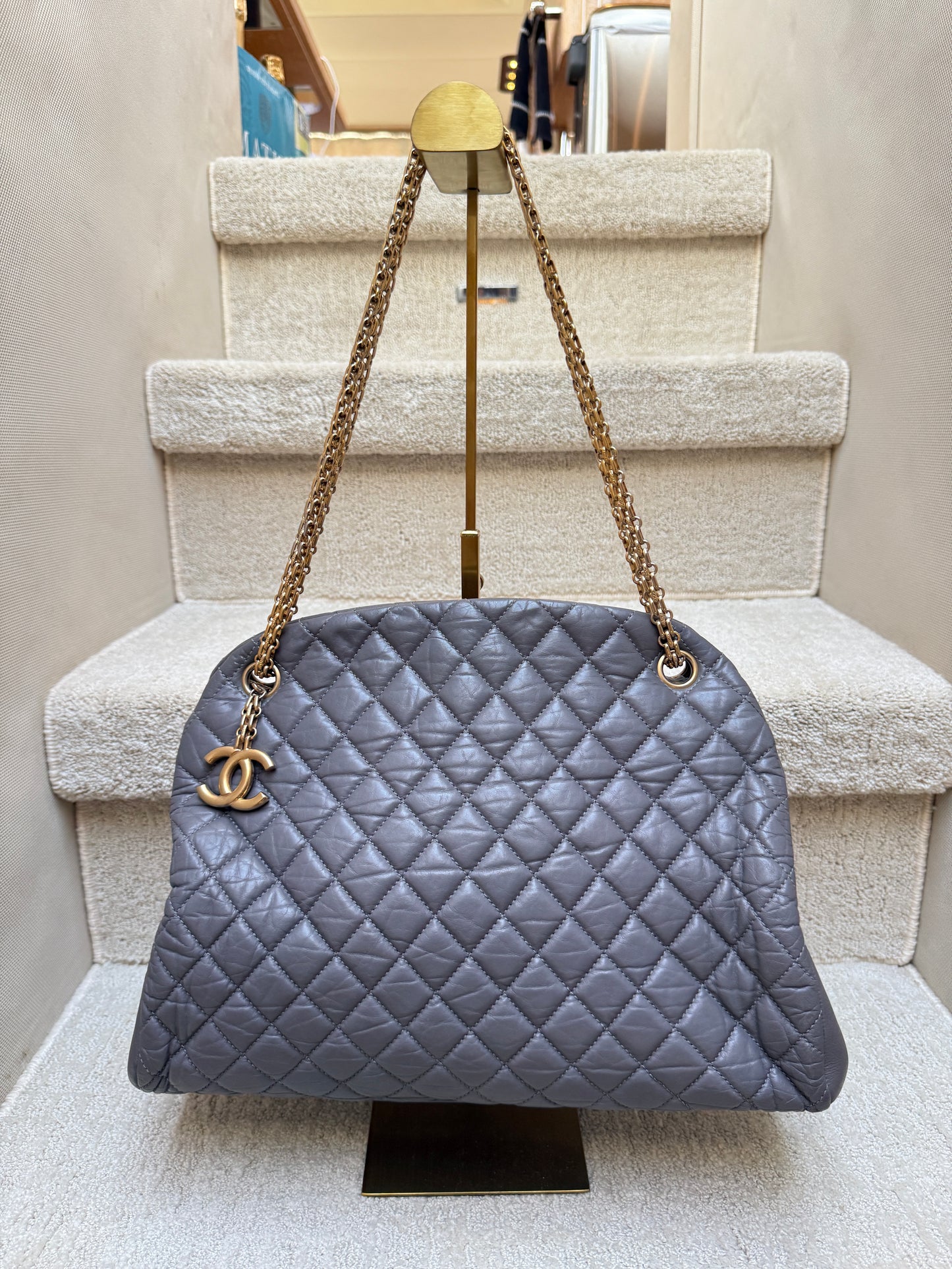 Chanel Lambskin Quilted Large Just Mademoiselle Handbag in Grey with Gold Hardware