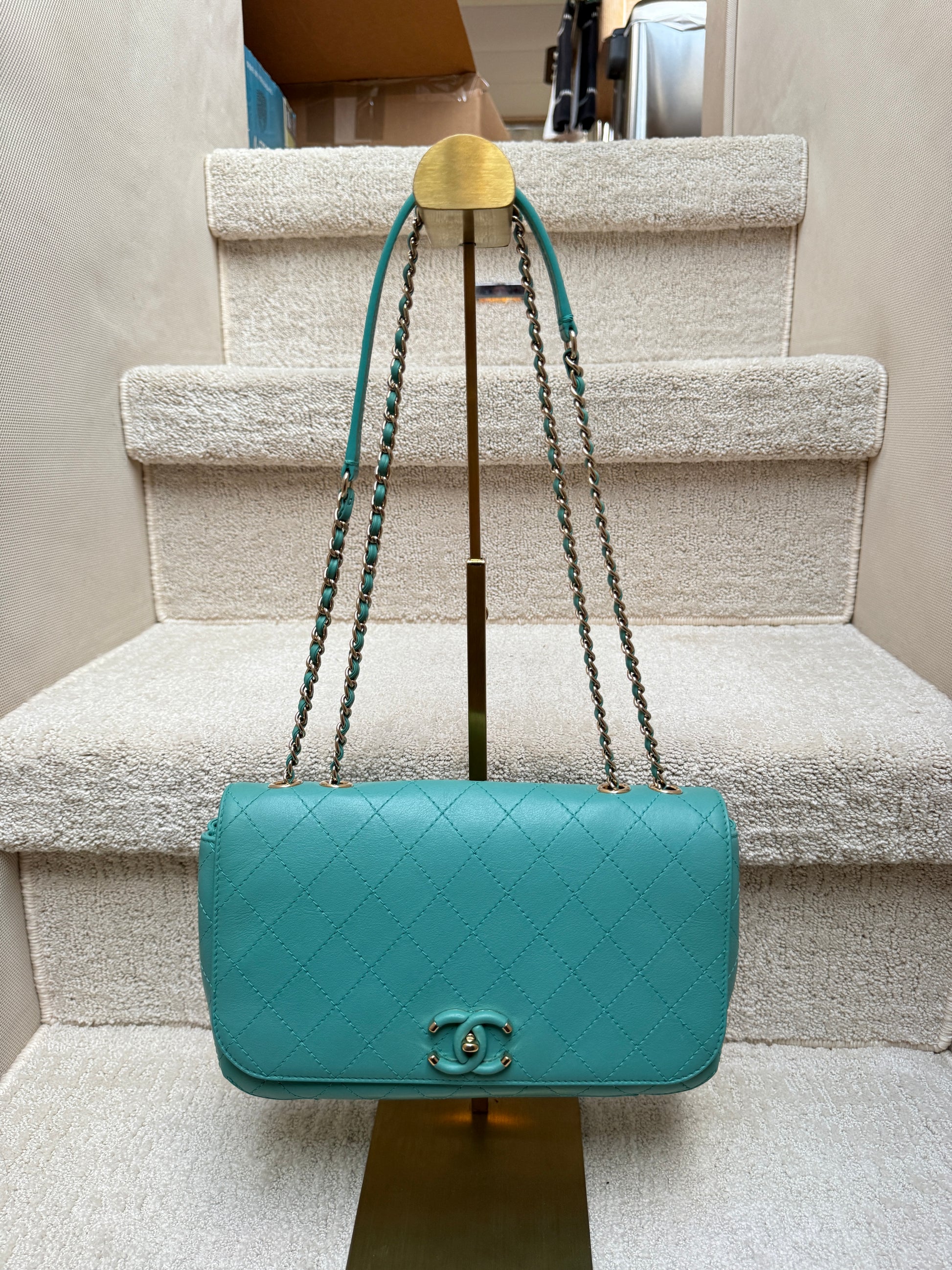 Pre-owned Chanel Medium Calfskin Covered CC Flap Bag in turquoise