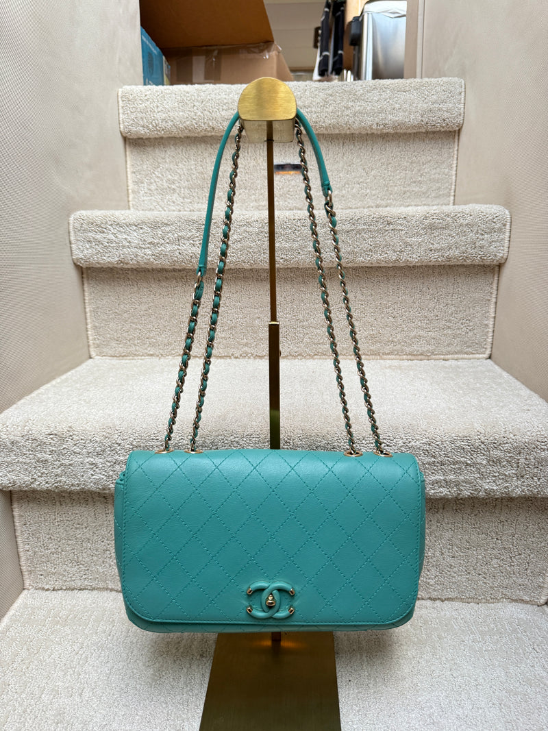 Chanel medium classic flap in turquoise full view of handbag for sale