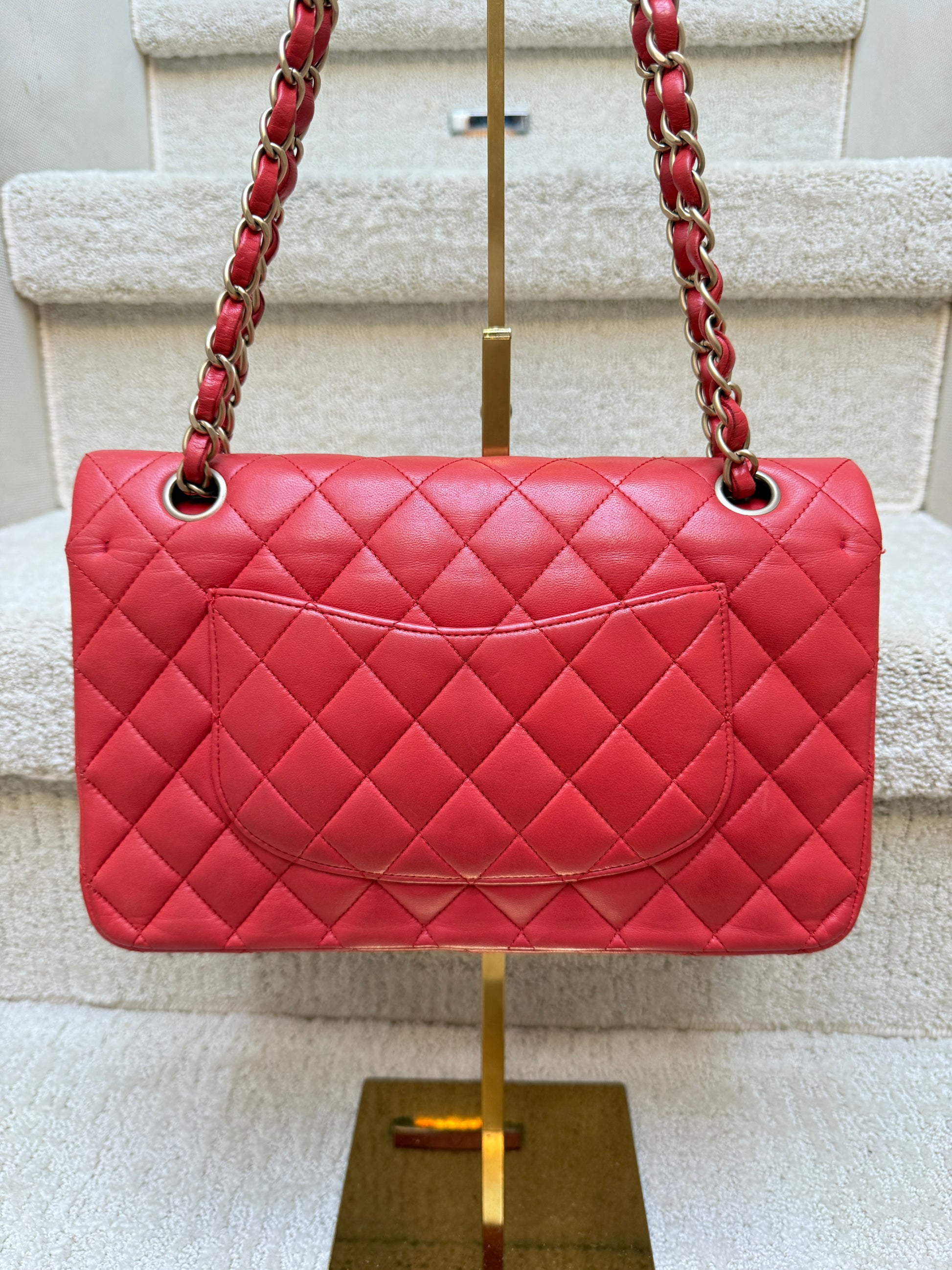 Reverse side of chanel medium double flap lambskin in red leather