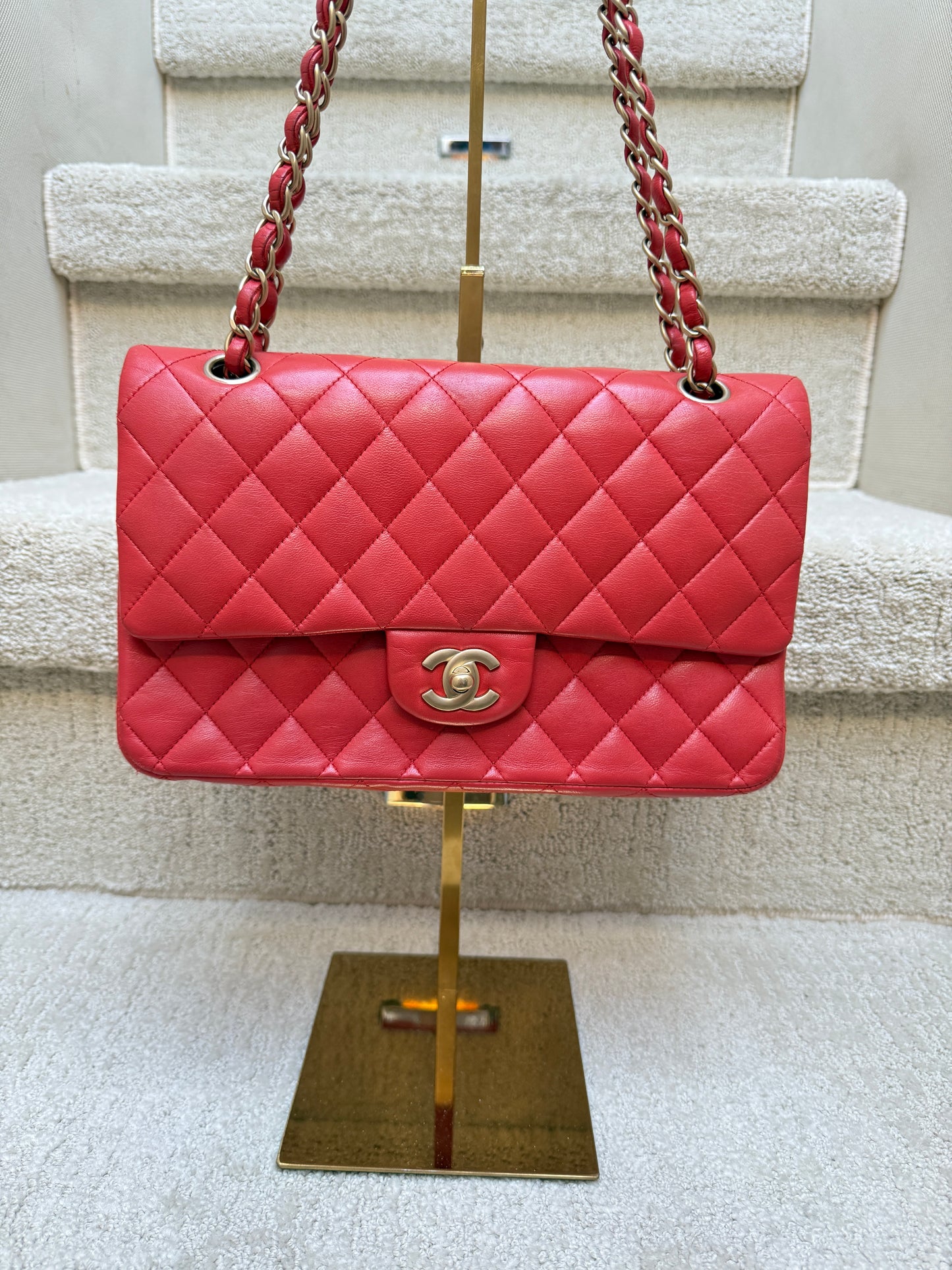 Chanel classic double flap in medium size in red lambskin with gold hardware authentic from purseonalshopper