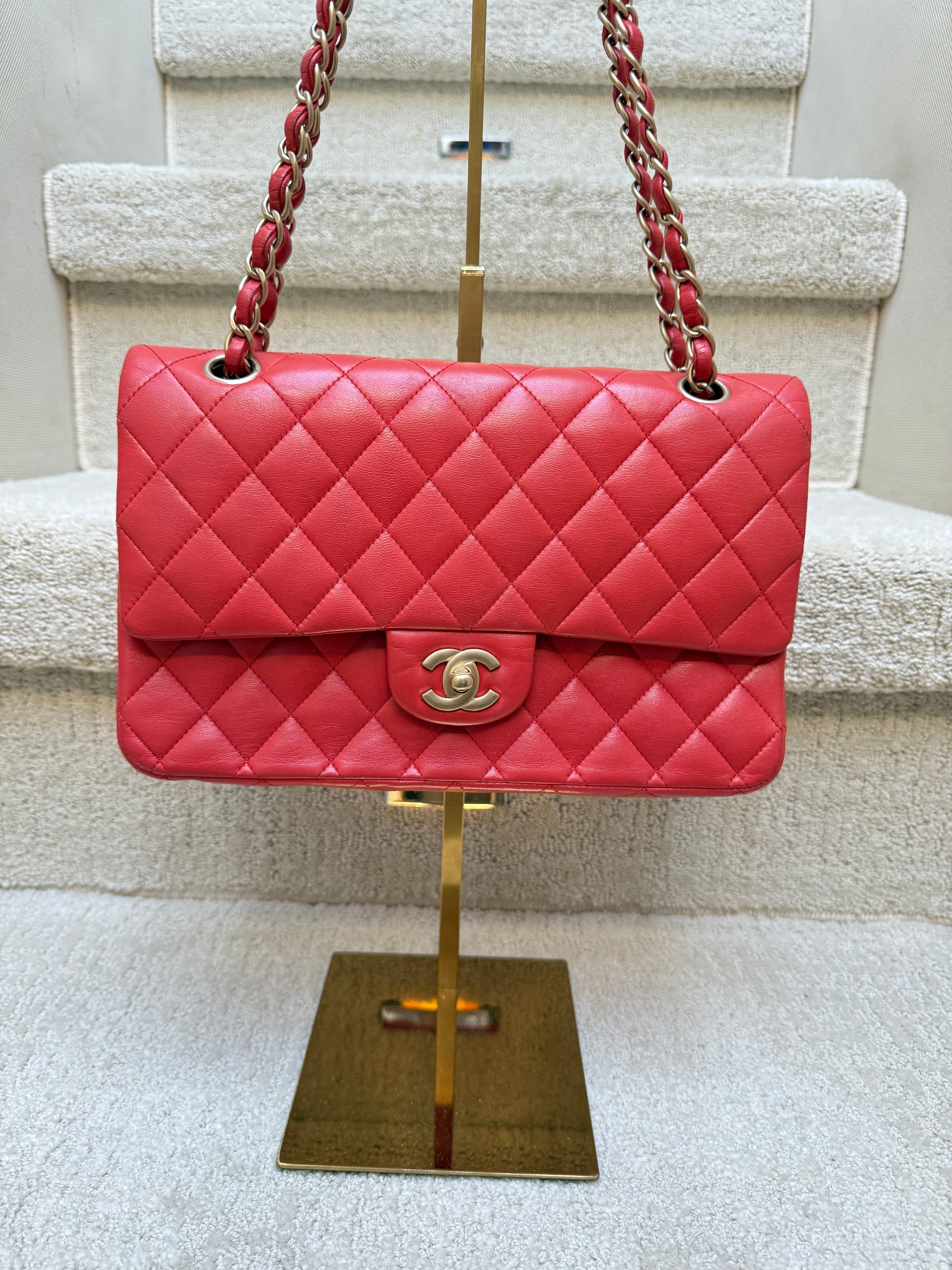 Chanel classic double flap in medium size in red lambskin with gold hardware authentic from purseonalshopper