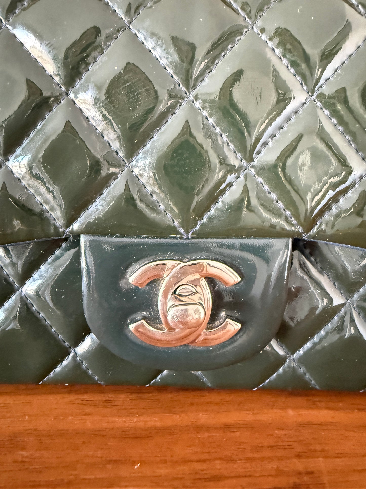 Chanel mini square Classic Flap in Navy patent with silver hardware