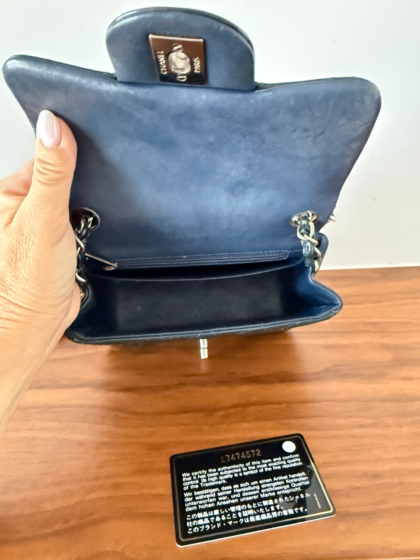 Chanel mini square Classic Flap in Navy patent with silver hardware