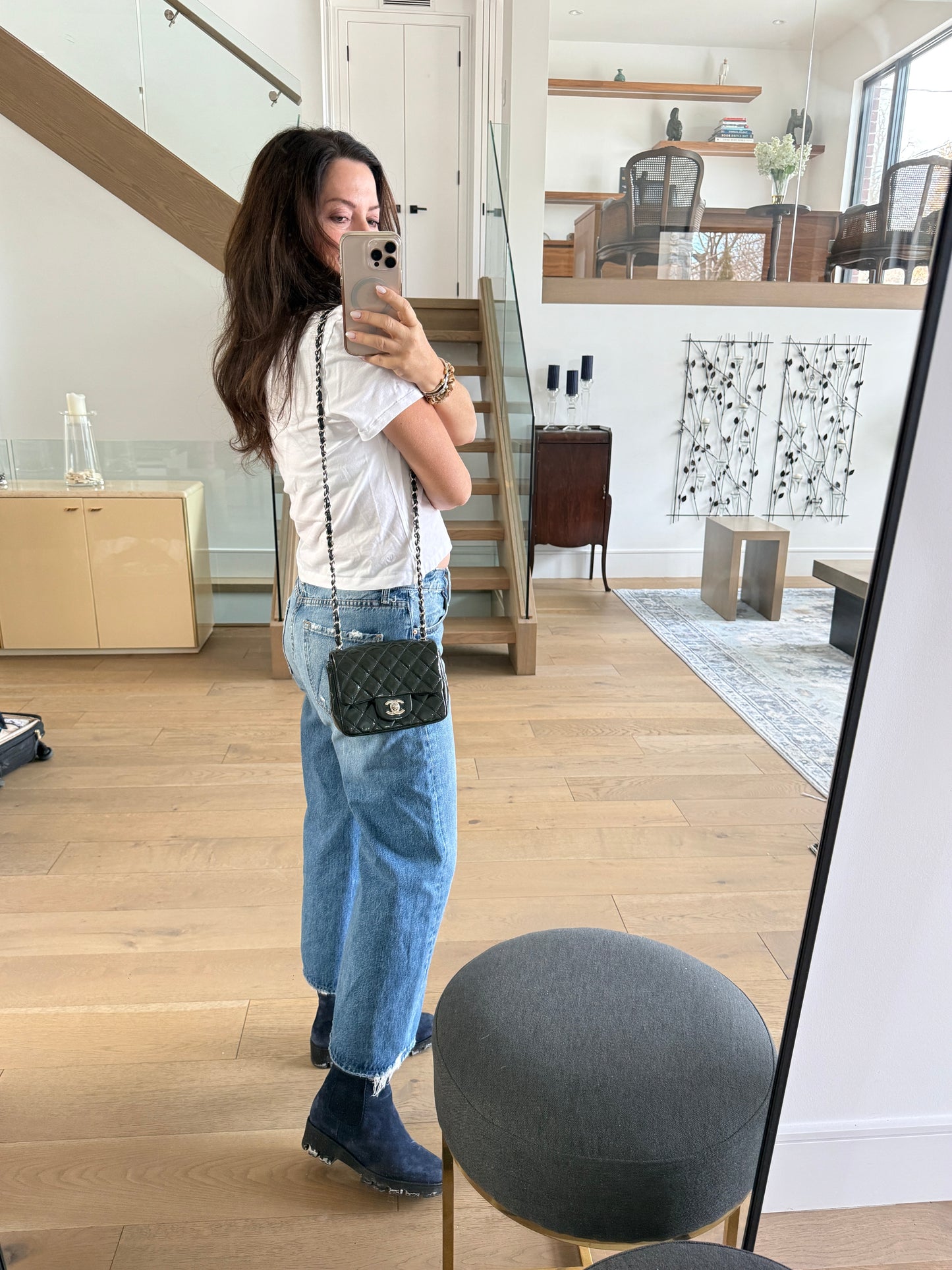 Chanel mini square Classic Flap in Navy patent with silver hardware