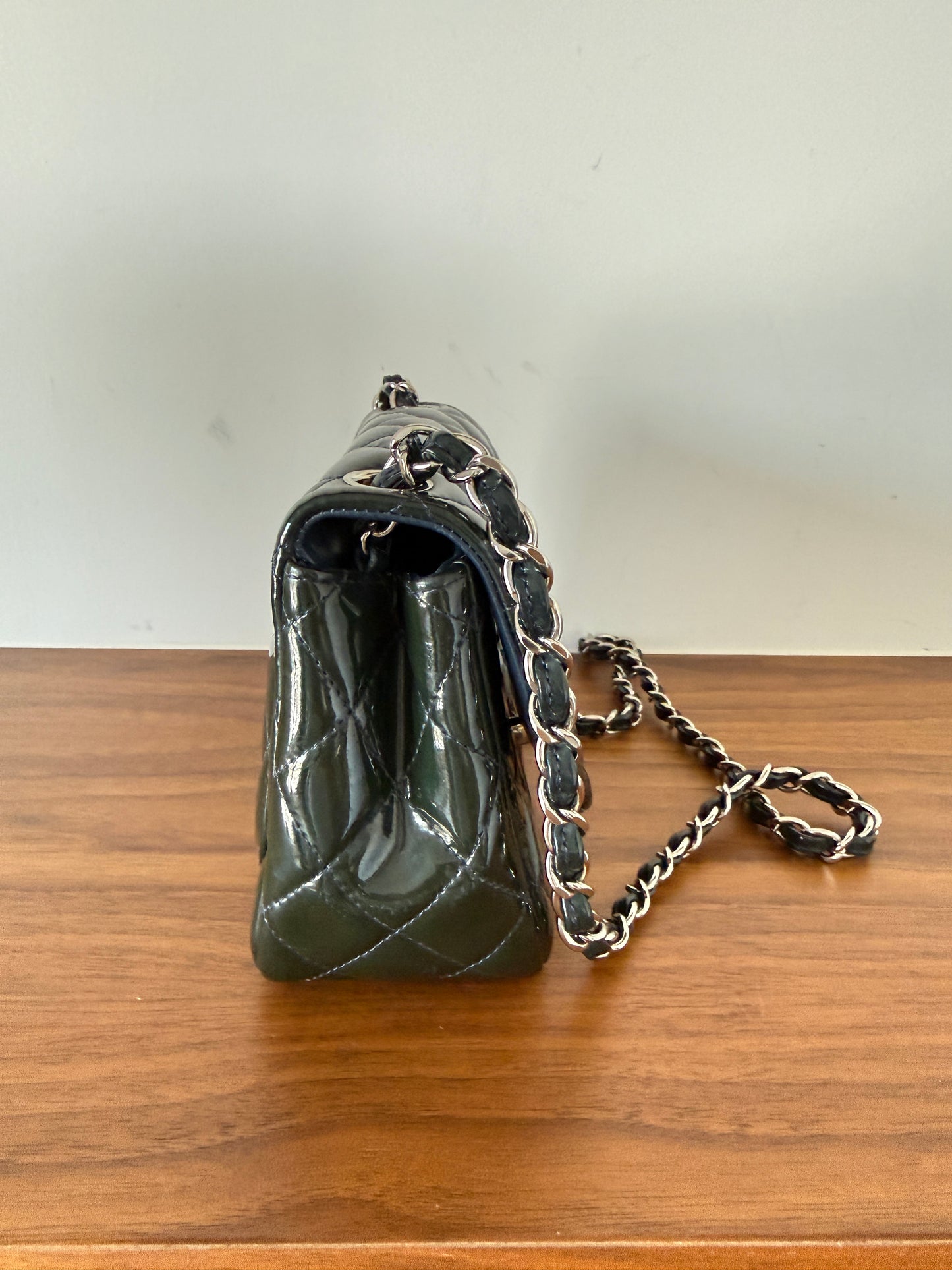 Chanel mini square Classic Flap in Navy patent with silver hardware