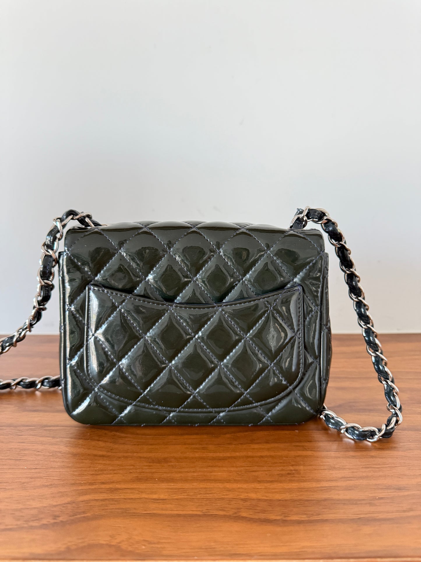 Chanel mini square Classic Flap in Navy patent with silver hardware
