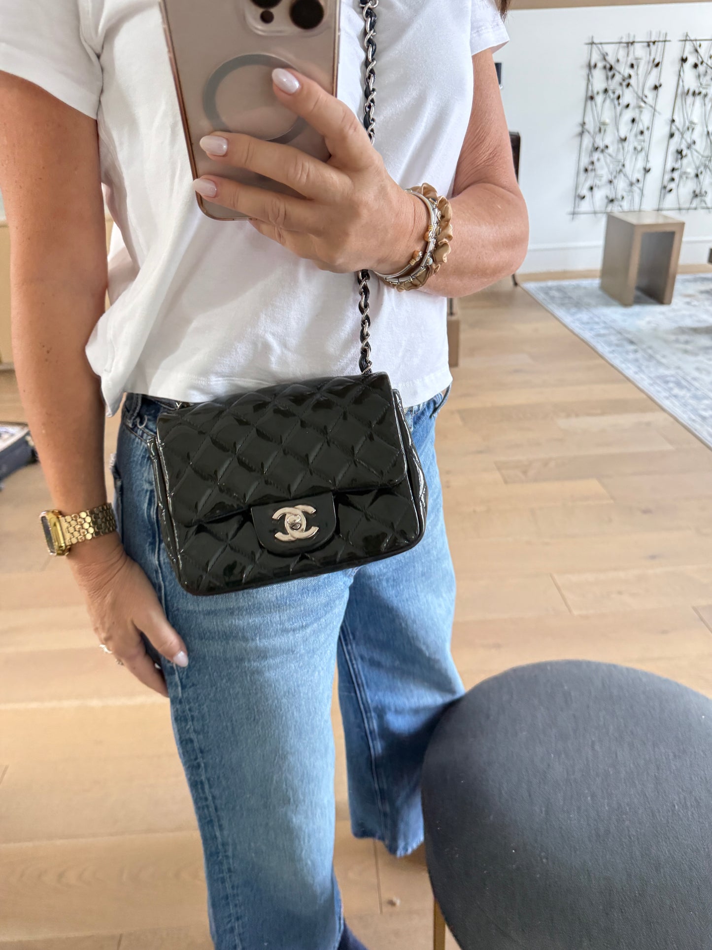 Chanel mini square Classic Flap in Navy patent with silver hardware