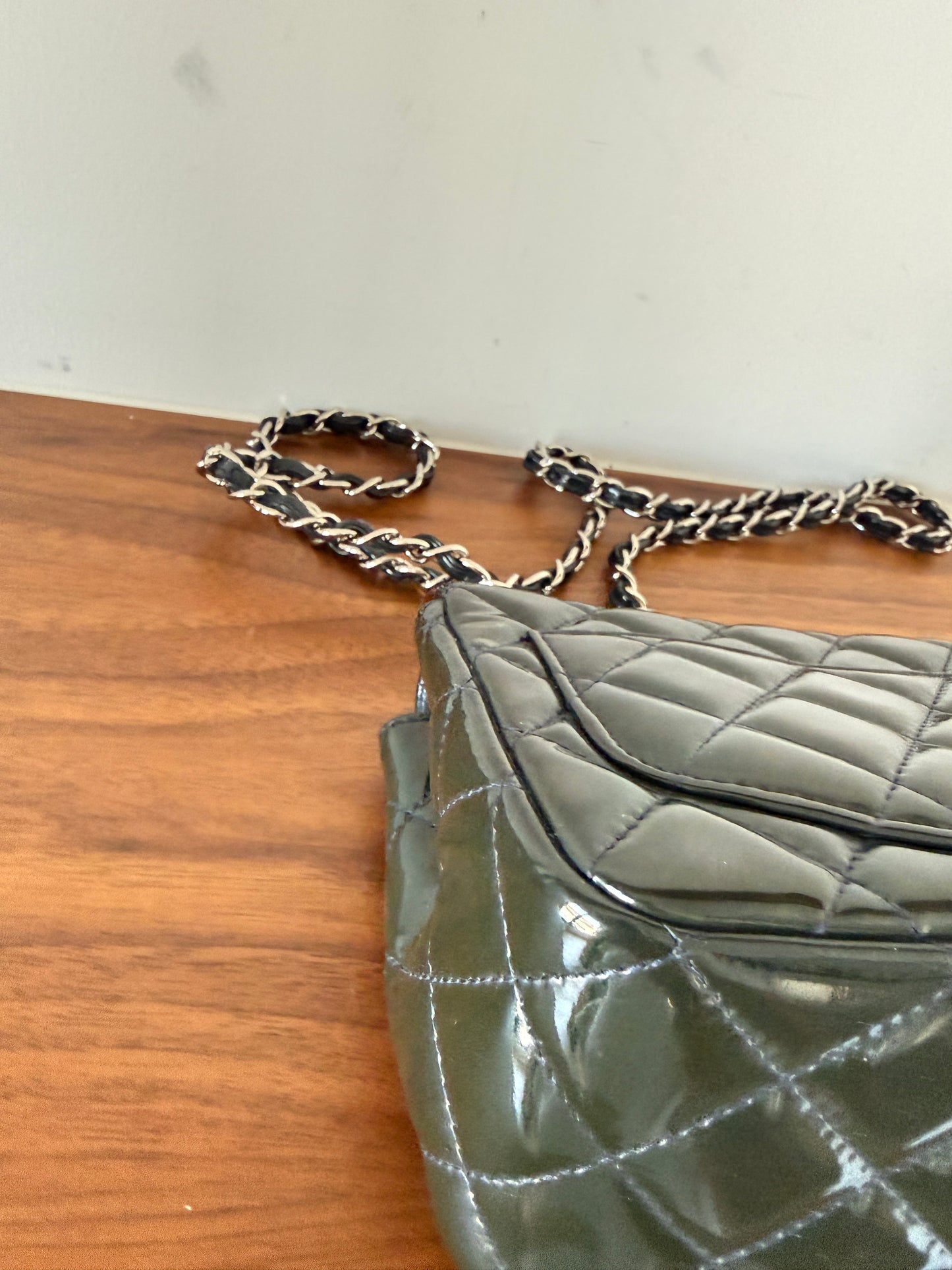 Chanel mini square Classic Flap in Navy patent with silver hardware