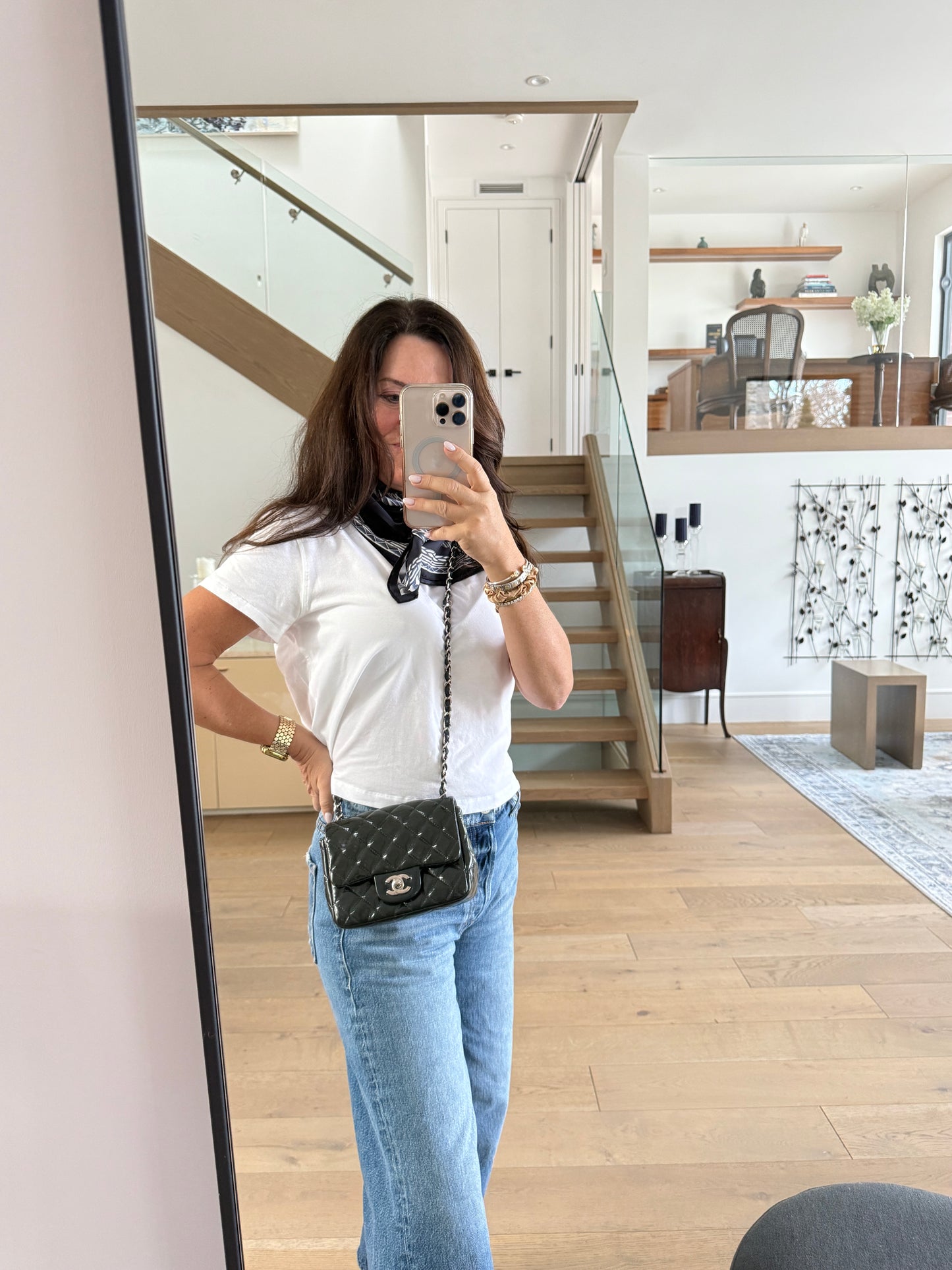 Chanel mini square Classic Flap in Navy patent with silver hardware