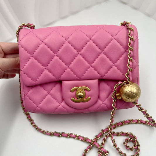 Chanel mini square pearl crush lambskin handbag in pink authentic and preloved from purseonalshopper