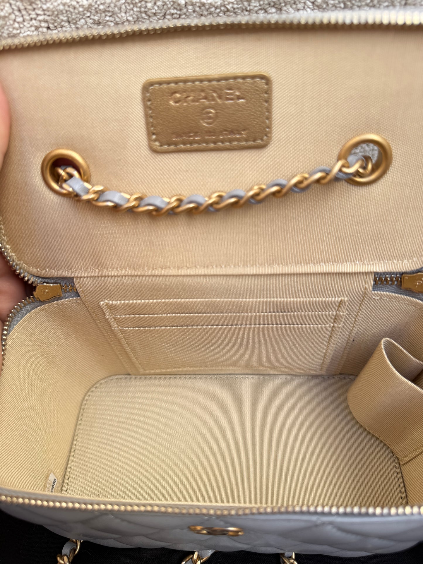 Chanel Lambskin Quilted Small Pearl Crush Vanity Case With Chain Grey