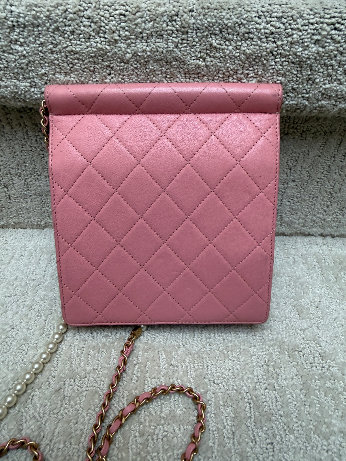 Chanel pink pearls flap purse crossbody back view